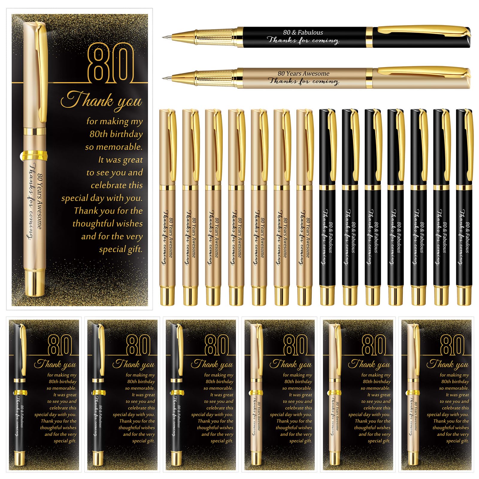 Feifeiya 50 Set 80th Birthday Party Favor for Guest Anniversary Party Favor with Black and Gold Ballpoint Pens and Thank You Cards for Women Men Birthday Anniversary Appreciation Gifts