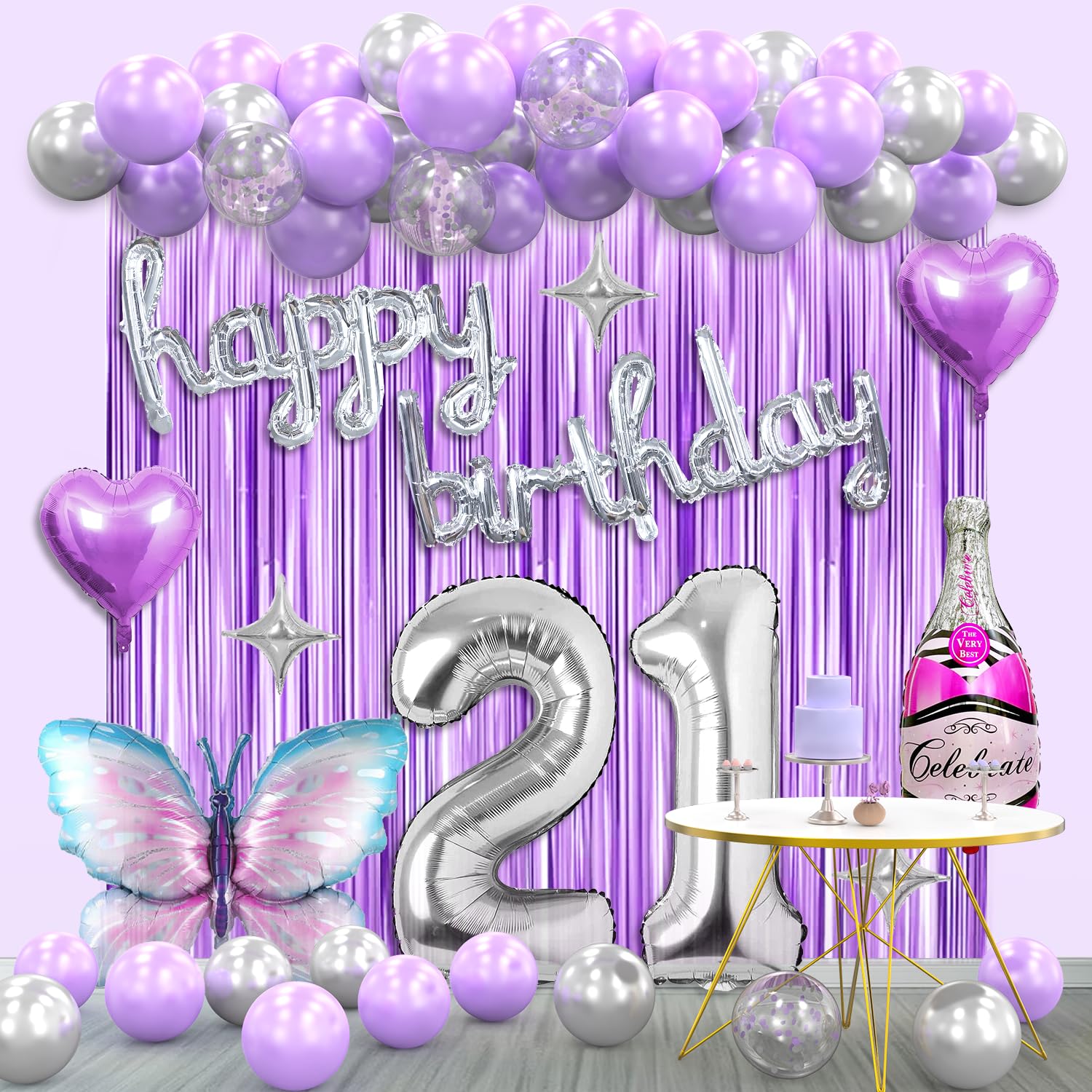 21st Birthday Decorations for Girls Her - Lavender Purple and Silver Butterfly Happy 21 Birthday Décor Set with Banner, Number 21 Balloons for 21