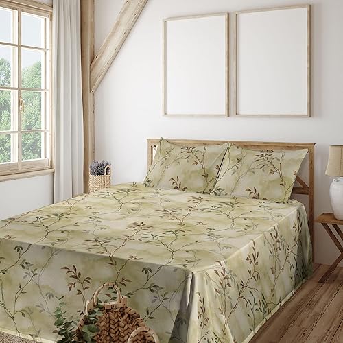 Ambesonne Leaf Print Sheet Set, Watercolor Effect Ornament of Minimal Branches and Leaves Nature Art, Fitted and Flat Sheet with Pillowcases Bedding
