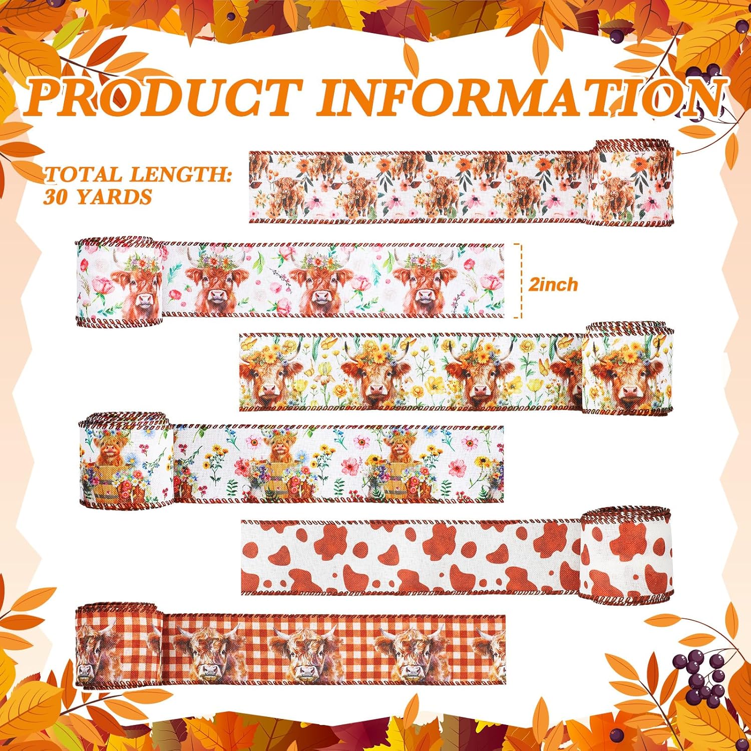 Juexica 6 Rolls 30 Yards Boho Floral Highland Cow Wired Edge Ribbon DIY Crafts Fabric Ribbons for Gift Wrapping Bows Party Decoration Sewing Supplies