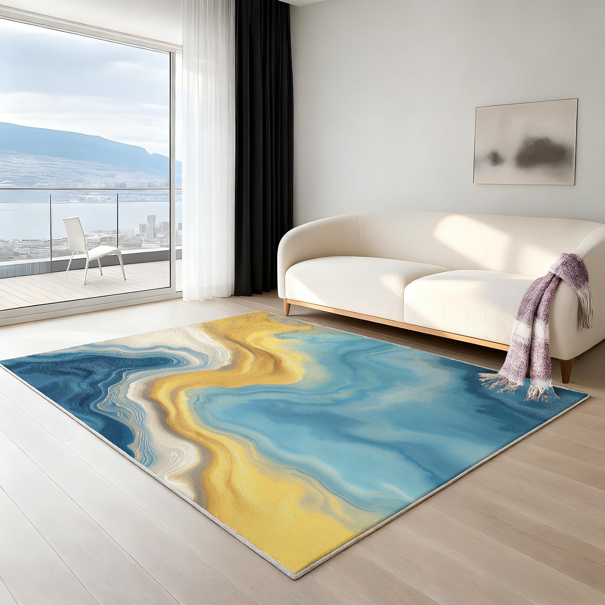Genérico Dywan akwarelowy do salonu i sypialni, puszysty krótki włos antypoślizgowy dywan do salonu dla dzieci biuro niebieskie jezioro dywaniki bardzo duży 160 x 230 cm płynne linie