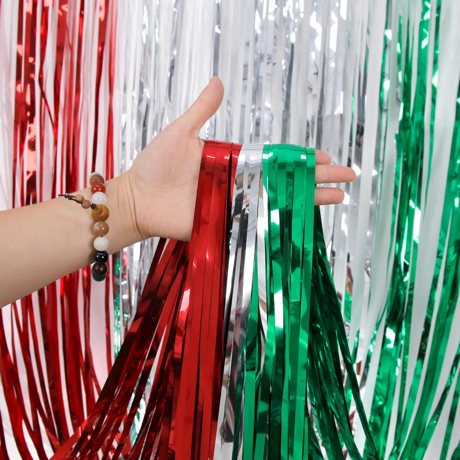 THAYLA 200/250/300 cm Goutte 6 pièces Rouge Argent Vert Paillettes Rideau de Pluie Frange Rideau guirlandes Toile de Fond Frange en Feuille métallique pour décor de fête Scintillant