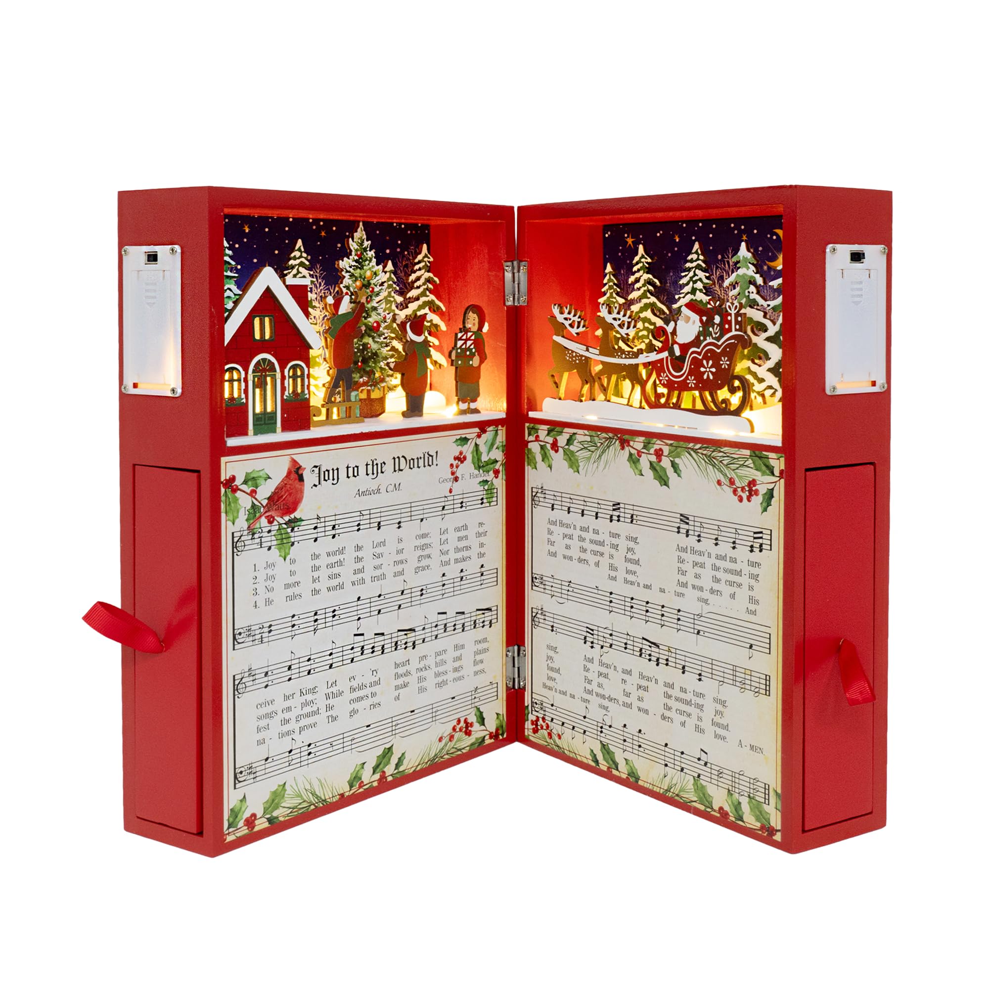PE Adventskalender aus Holz in Buchform mit LED und 24 Boxen zum Befüllen | Aufklappbares Weihnachtsbuch mit 2 LED-Holzszenen, 24 Papierboxen; 4 AAA-Batterien erforderlich, nicht enthalten