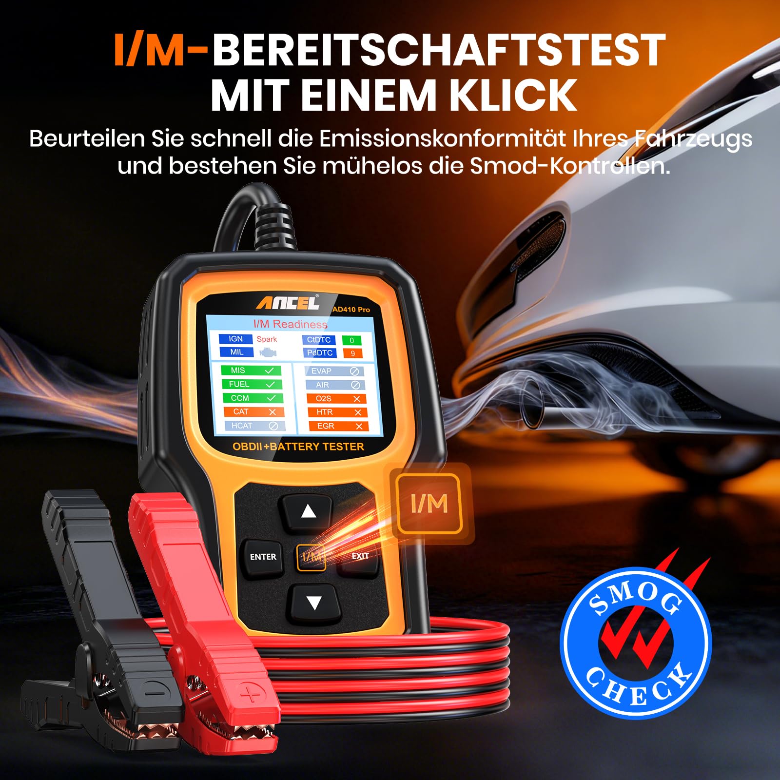 2in1 Auto Diagnosegerät KFZ Batterietester Universal Fehlercode Lesegerät | ANCEL AD410PRO mit Vollen OBD2 Funktionen, 6V 12V 100-2000CCA Autobatterie Tester mit Batterie- Anlasser- und Ladetest