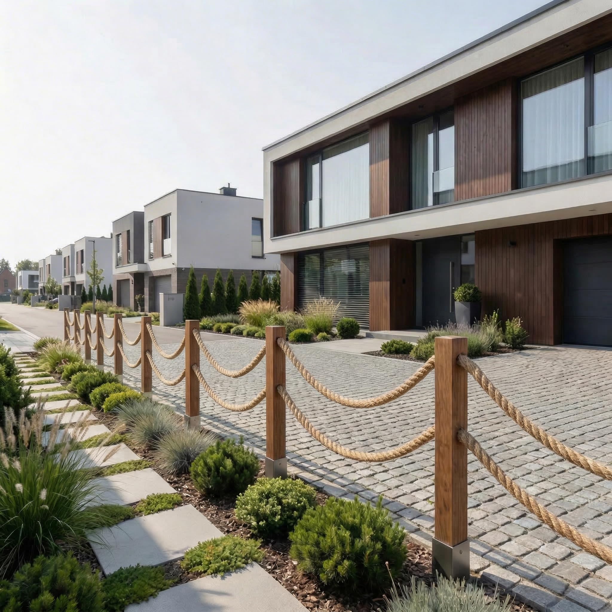 Bogateco Ogrodzenie drewniane, podwójne ogrodzenie linowe 28 m | kompletny zestaw odgradzający z liny jutowej 30 mm i drewnianymi słupkami | impregnowane drewno wraz z tulejami osadczymi do ziemi |
