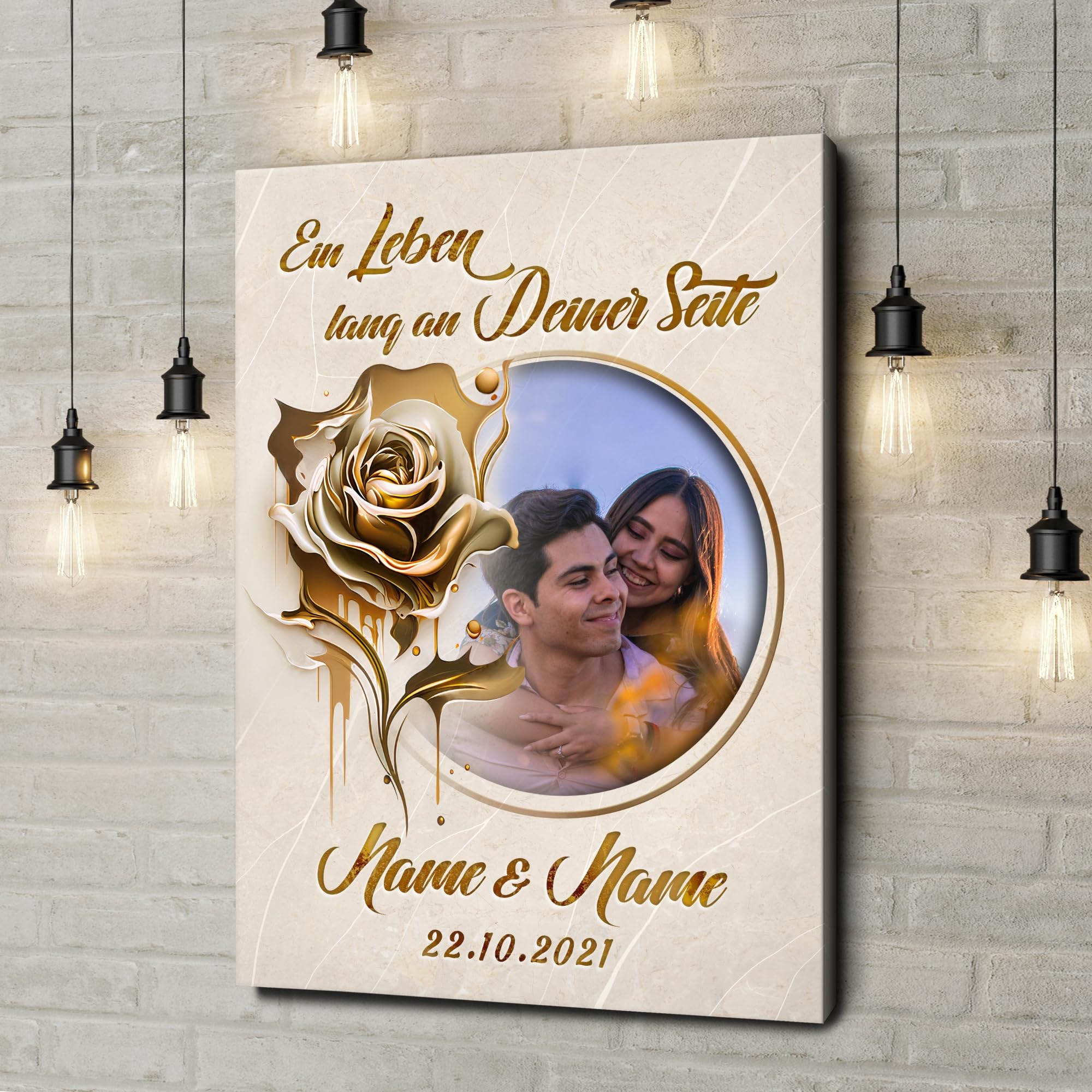 Liebesleinwand Personalisiertes Foto-Leinwandbild gestalten | Ewige Goldblüte | Geschenk zum Jahrestag, Hochzeitstag, Verlobung, Hochzeit | Leinwandbild gestalten mit Foto, Namen und Datum