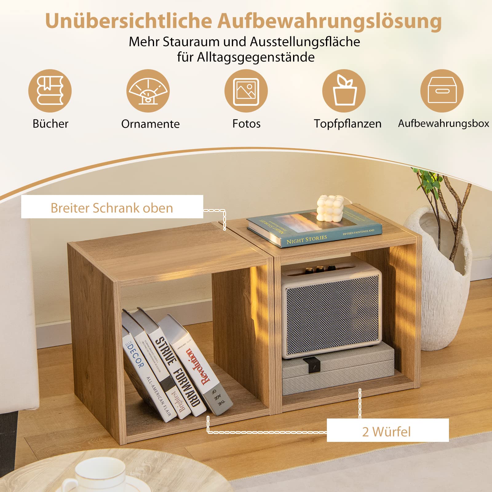 COSTWAY 2er Set Würfelregalen, stapelbares Regalwürfel, Bücherregal, Cuberegal für Wohnzimmer, Schlafzimmer, Arbeitszimmer, Eiche