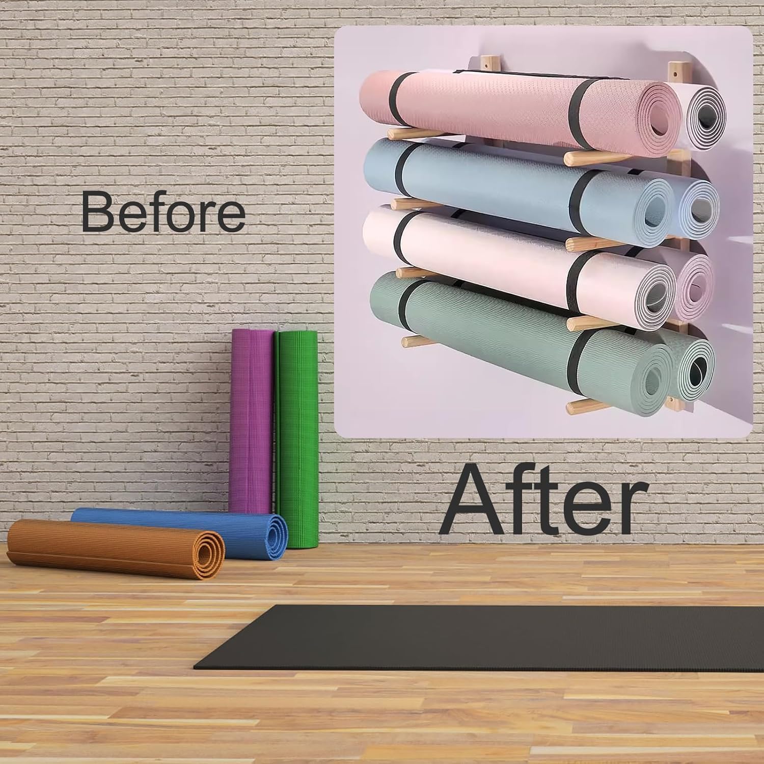 Support pour tapis de yoga, support de tapis de yoga mural, étagère en bois, économise de l'espace, convient pour les rouleaux en mousse, les bandes de résistance et les tapis d'entraînement