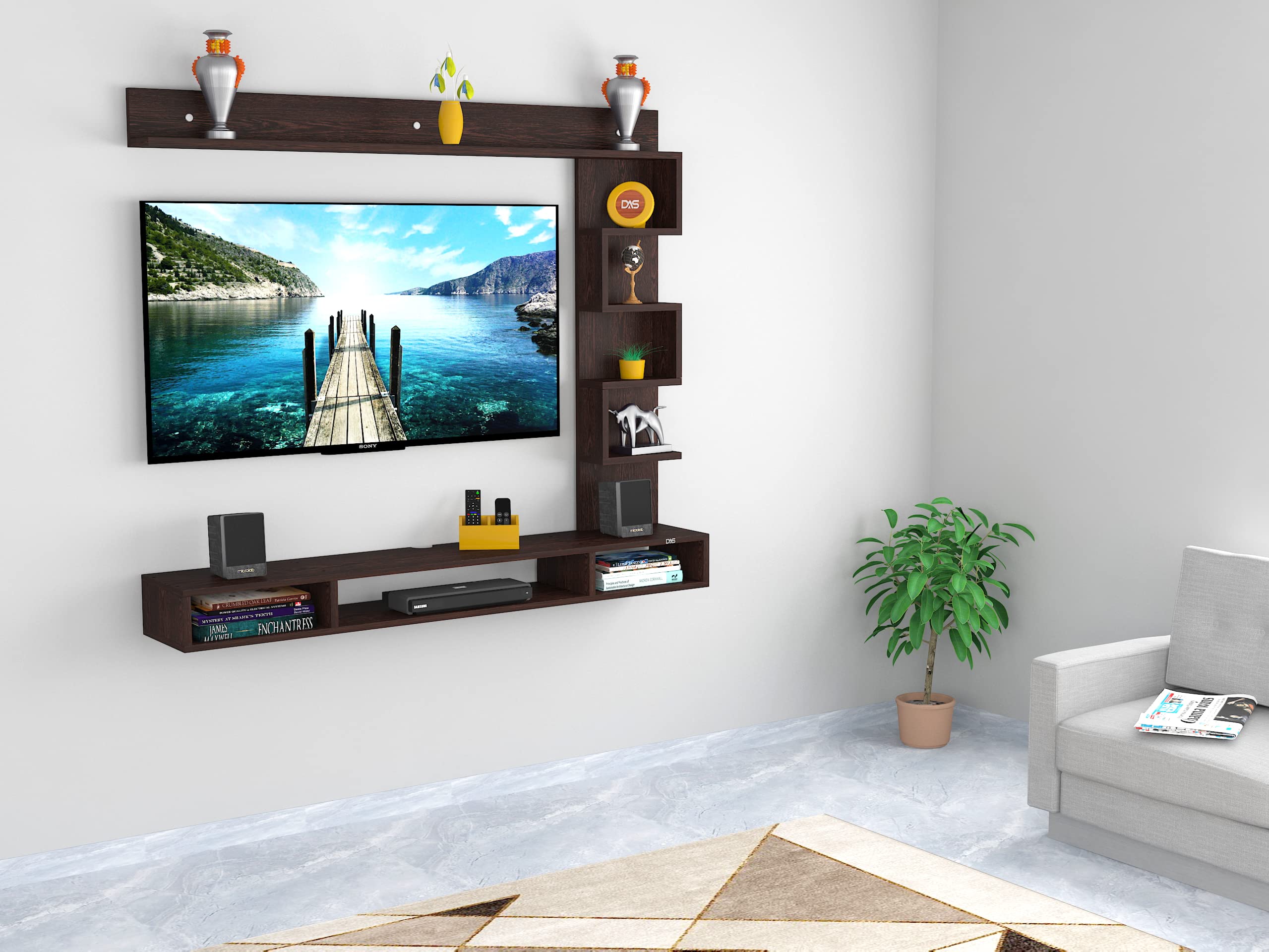 DAS Hubert Engineered Wood TV Entertainment Unit Stand Set TOP Box Stand with Shelves and Display Rack Flowery Wenge- Ideal for UP to 55 INCH Screen