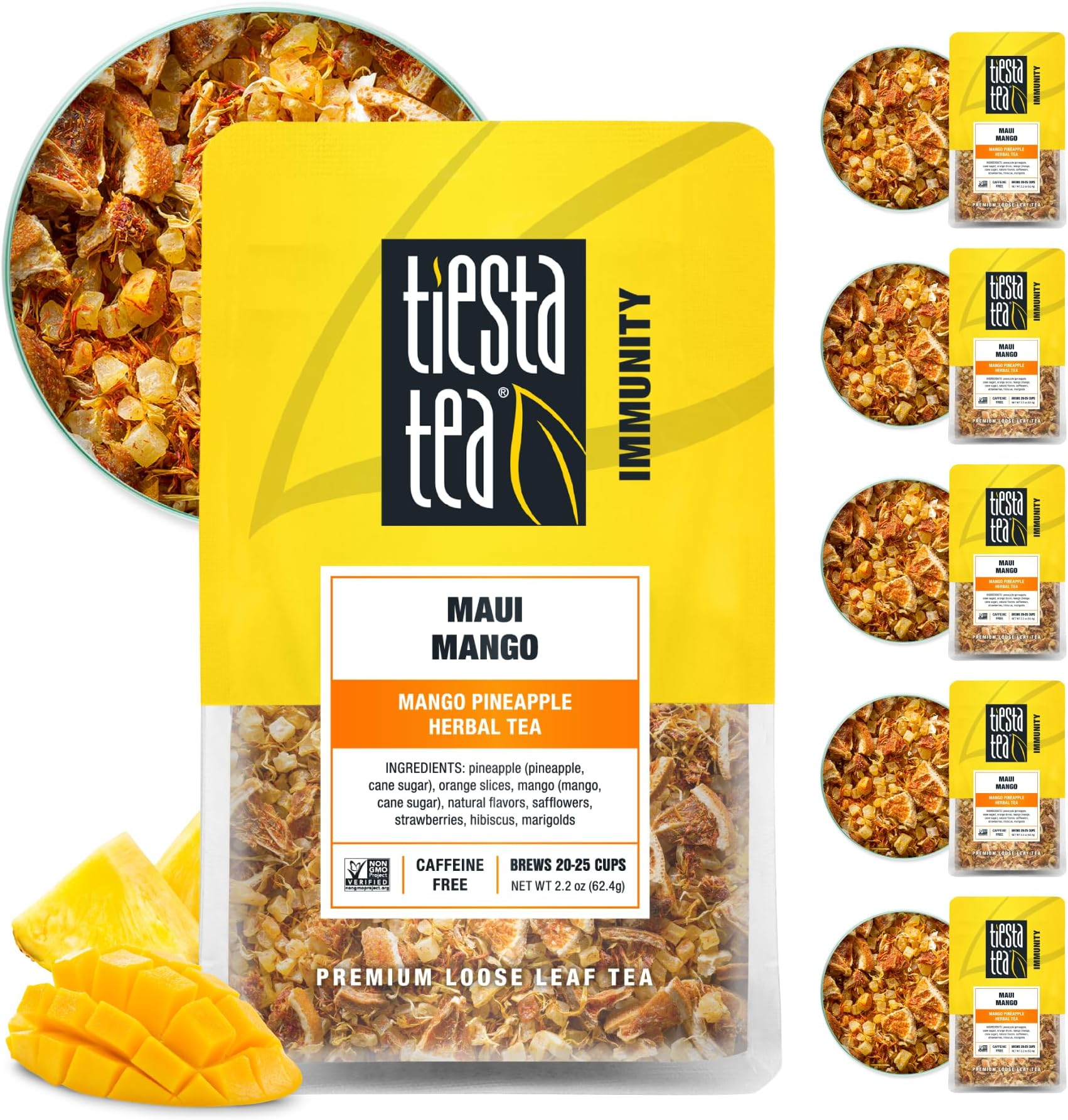 Tiesta Tea - Maui Mango, Loose Leaf, Mango Pineapple Herbal Tea, Premium Non-Caffeinated Fruit Blend, Make Hot or Iced & Brews Up to 25 Cups, 13.2 Ounce Resealable Pouch, Pack of 6