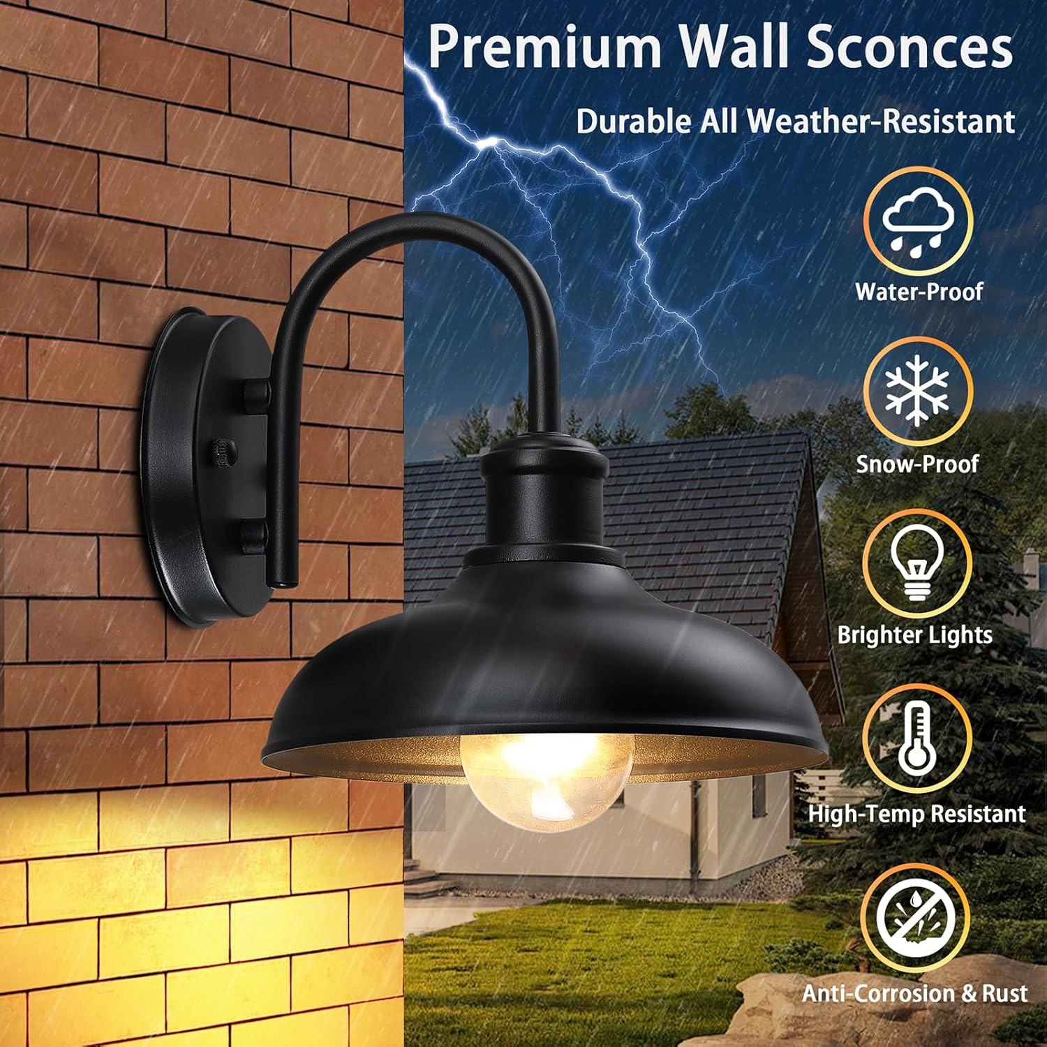 Gooseneck Outdoor Light Fixtures, 2-Pack Farmhouse Barn Lights for Porch, Industrial Black Exterior Wall Sconce for Garage, Patio, E26 Base Anti-Rust for Garage Frontdoor Entryway Doorway