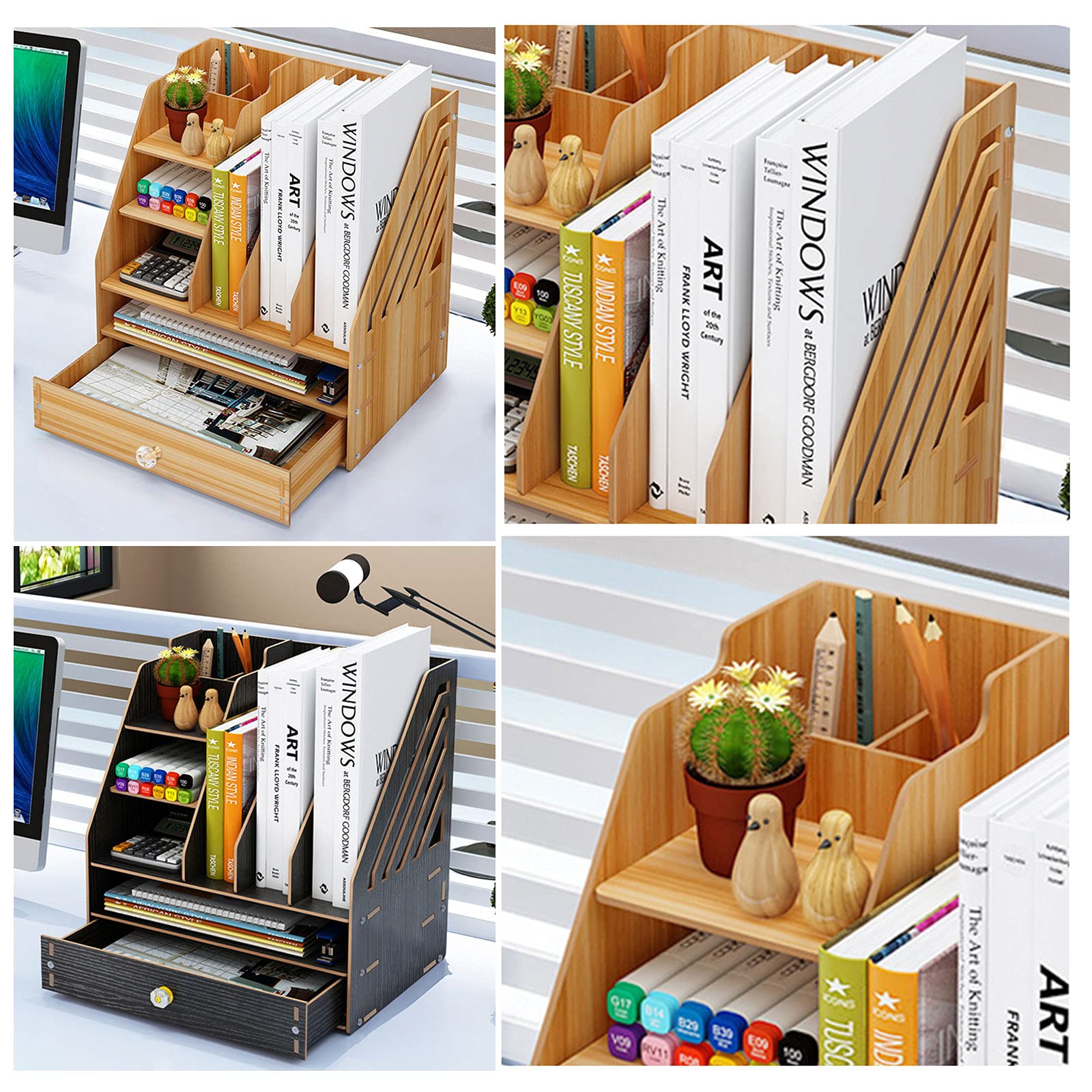 Portaoggetti da Scrivania in Legno, Grande Capacità, Multifunzionale, 33 X 24 X 35 Cm, con Cassetto Portapenne, per Cancelleria, Scatola di Archiviazione per Documenti e Riviste,Bright black