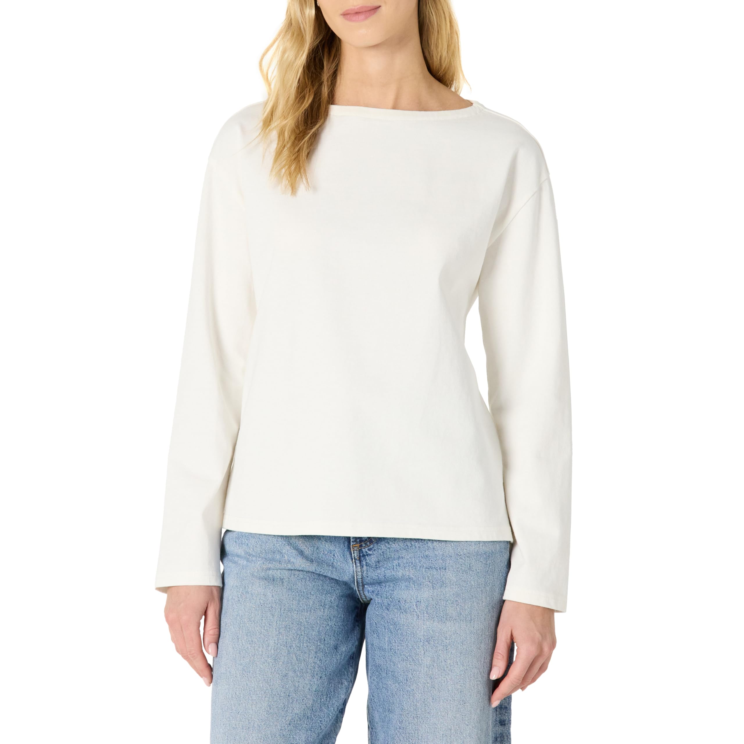 Amazon Essentials Women's 100% Cotton Heavyweight Relaxed-Fit Long-Sleeve Boatneck Top, Eggshell White, XXS