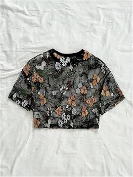 GORGLITTER Women's Floral Sheer Mesh Tees Crop Top See Through