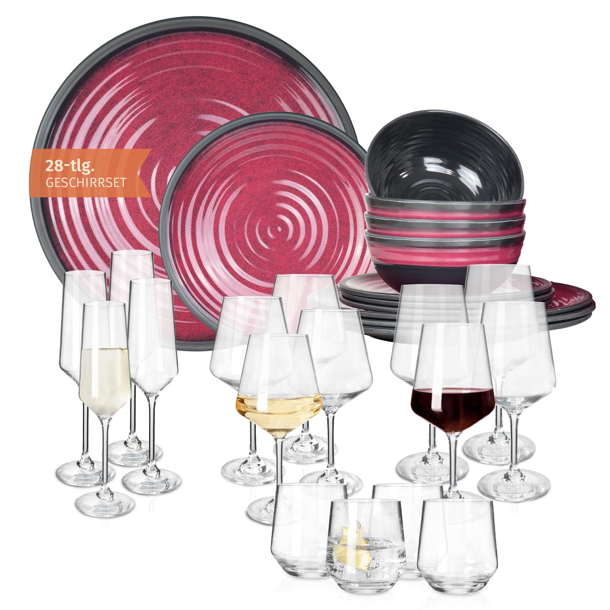 Vajilla de melamina para camping, 4 personas, color rojo piedra + 16 vasos Milano, copas de vino, copas de champán, vajilla de pícnic, barbacoa