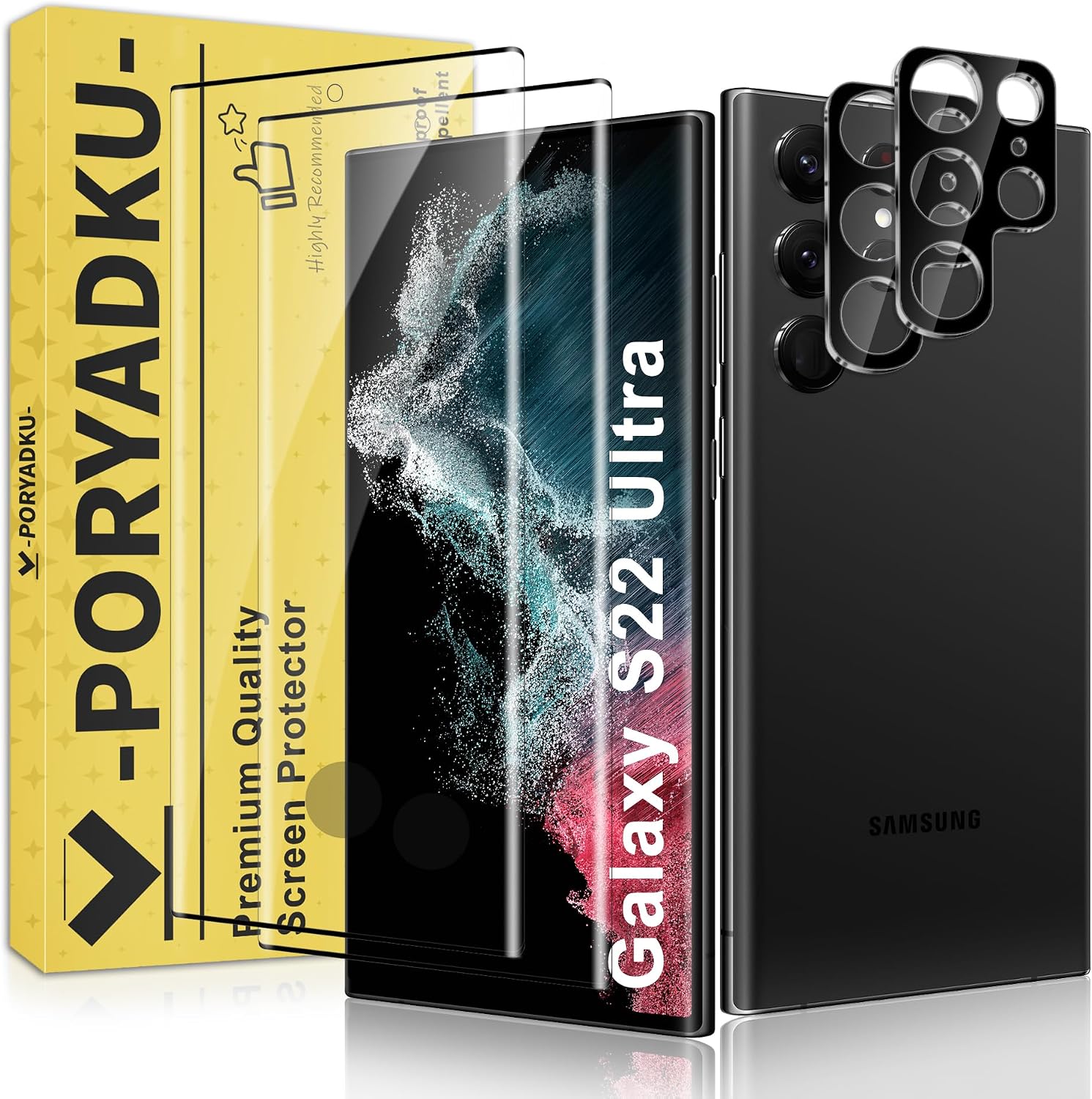 2+2 Pack for Samsung Galaxy S22 Ultra Screen Protector and Camera Lens Protector, 9H Tempered Glass, [3D Curved Full Coverage], Fingerprint Sensor Compatible, Case Friendly