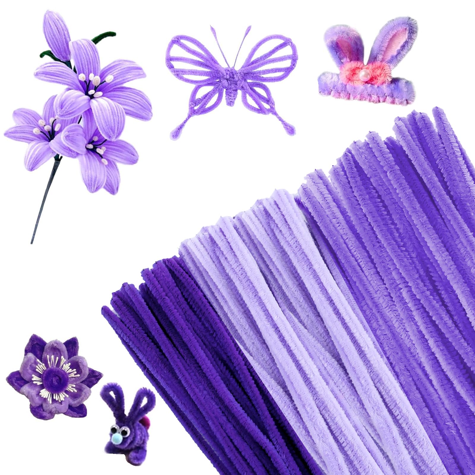 300 pk Pipe Cleaners for Craft 30mm Long Crafting Pipe Cleaners 3 purple Chenille Stems Chenille Wire Flexible Pipecleaners for DIY Craft For Kids