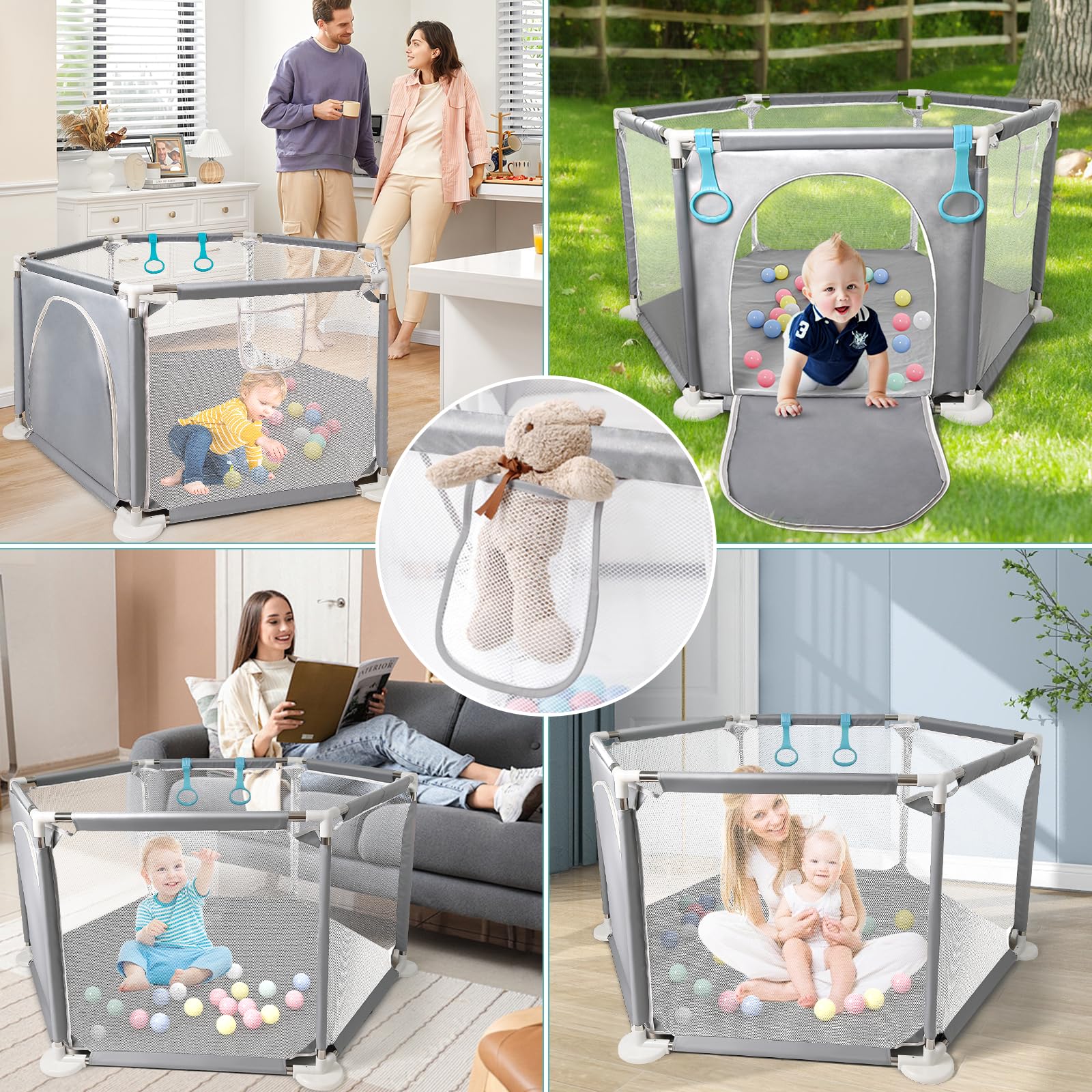CHOLY Parc pour bébé et tout-petits, parc hexagonal stable avec filet respirant, clôture d'activités pour enfants pour l'intérieur et l'extérieur avec sac de voyage (gris clair)