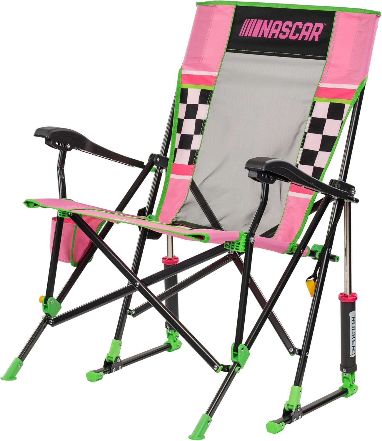 GCI Outdoor NASCAR Roadtrip Rocker Camping & Sideline Sports Chair | Portable Folding Rocking Chair with Durable Armrests & Drink Holder, Pink