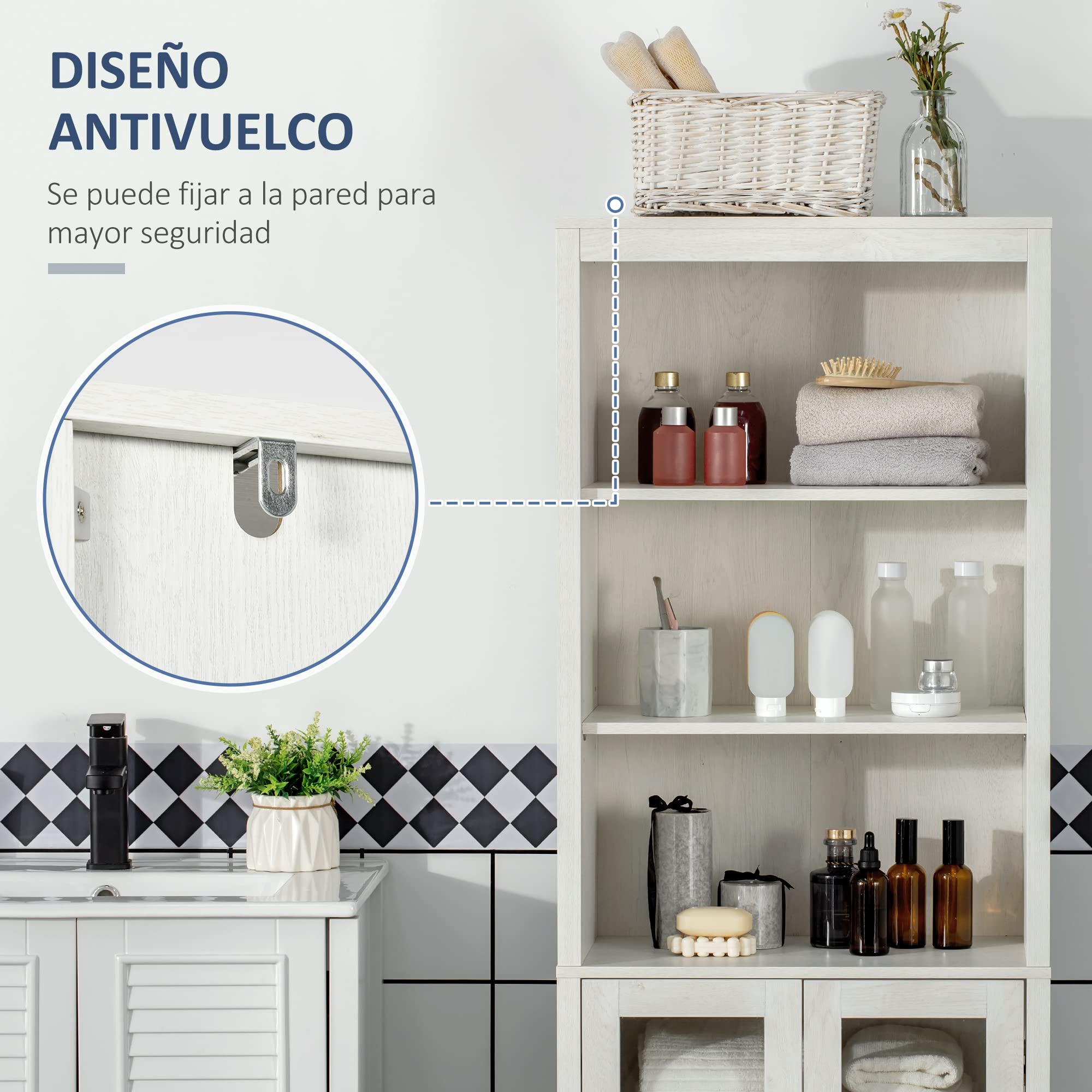 kleankin Armario Alto de Baño con 2 Puertas de Vidrio 53x30x162 cm Blanco | 3 Estantes Abiertos, Columna Auxiliar de Baño, para Salón Aseo Dormitorio, Estilo Moderno