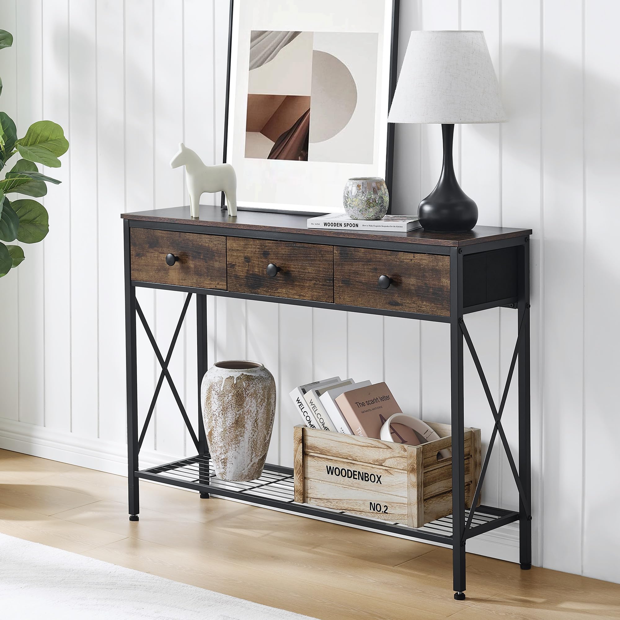 FAVOOSTY Mesas de Consola, Mesa de sofá con 2 cajones y estantes de 1 Nivel, Mesa de Pasillo de Madera, 101.00 × 29.50 × 76.50 cm para Pasillo, salón, Dormitorio