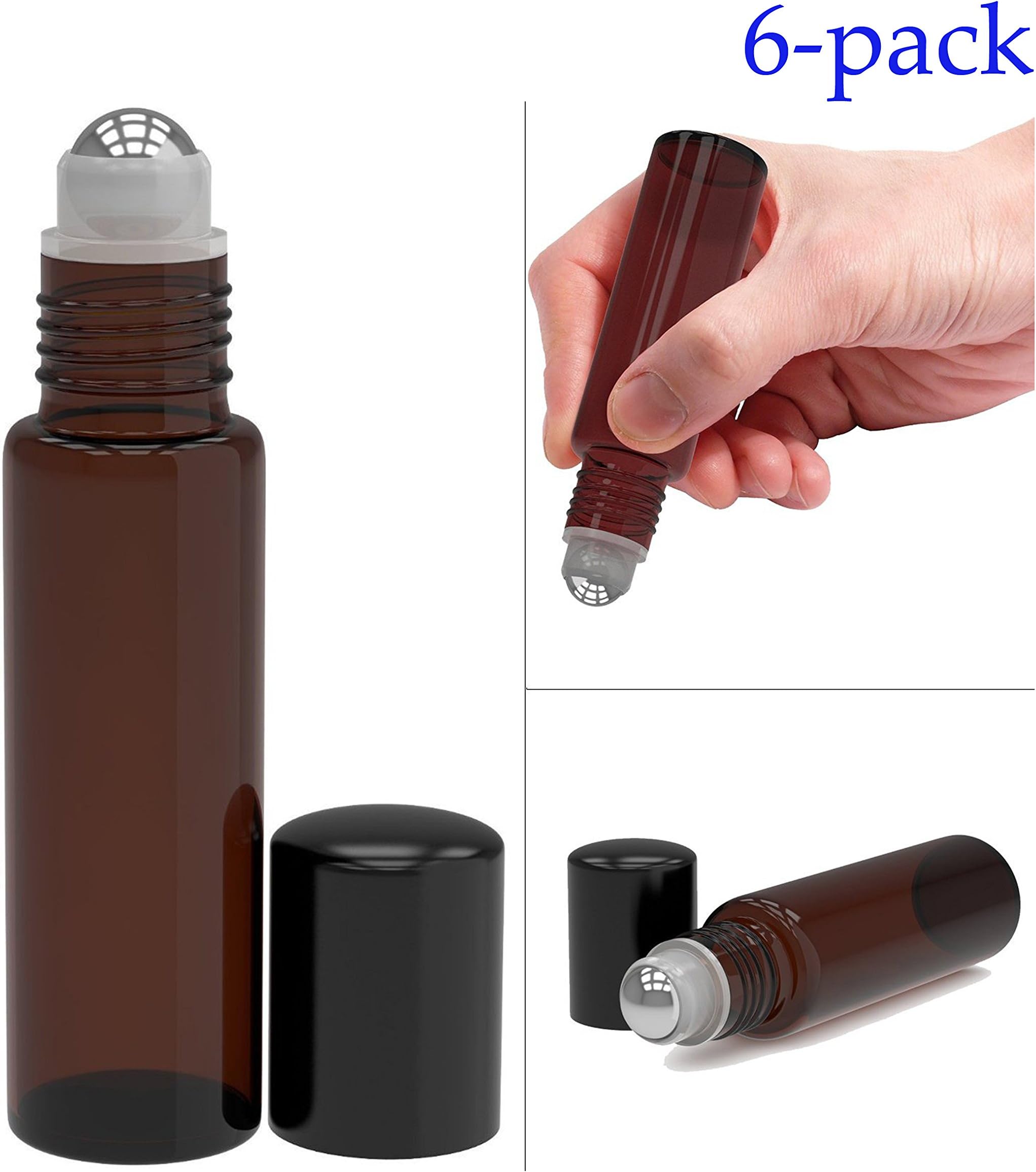Sinospore 6 Pack - Empty Roll on Glass Bottles [Stainless Steel Roller] 10ml Refillable Color Roll on for Fragrance Essential Oil - Metal Chrome Roller Ball - 10 Ml 1/3 Oz - Amber Color