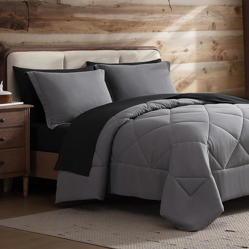 Coleman Queen Comforter Set Reversible Bed-in-a-Bag– Double-Sided Color Options, All-Season Comforter + Shams + Sheets – Perfect for Home, Cabin or Camp Use, Black/Gray