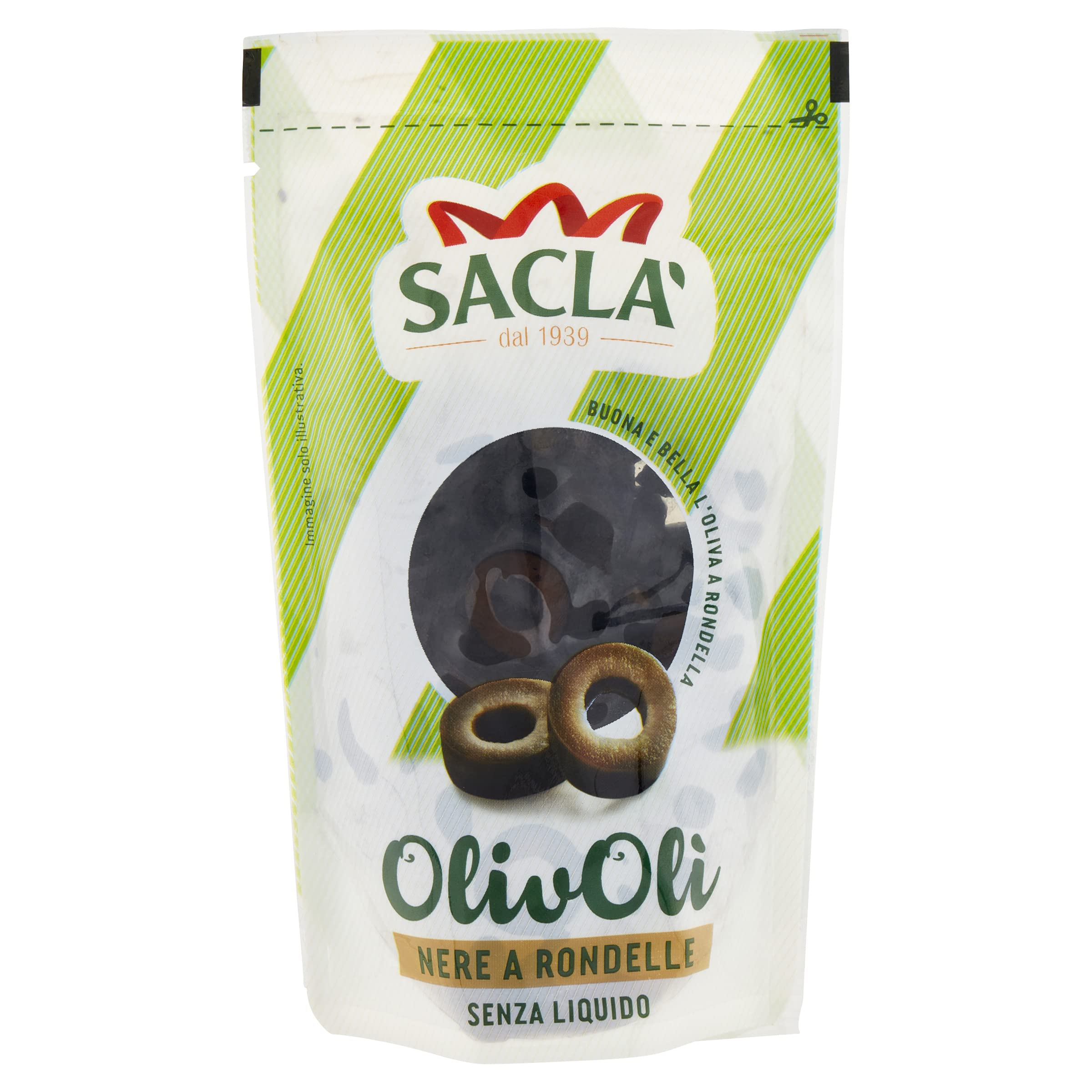 Saclà, OlivOlì, Olive Nere A Rondelle, Ideali per Insalate e per Arricchire i Tuoi Piatti, Senza Liquido, Busta, 75g, Confezione da 24 pezzi