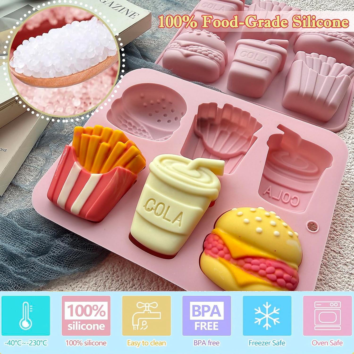 Fast Food Silicone Chocolate Molds ，2Pcs Hamburger French Fries Cola Baking Molds for Chocolate Candy Jelly Ice Cube Fondant, DIY Soap Candle Backpack charm Making Supplies