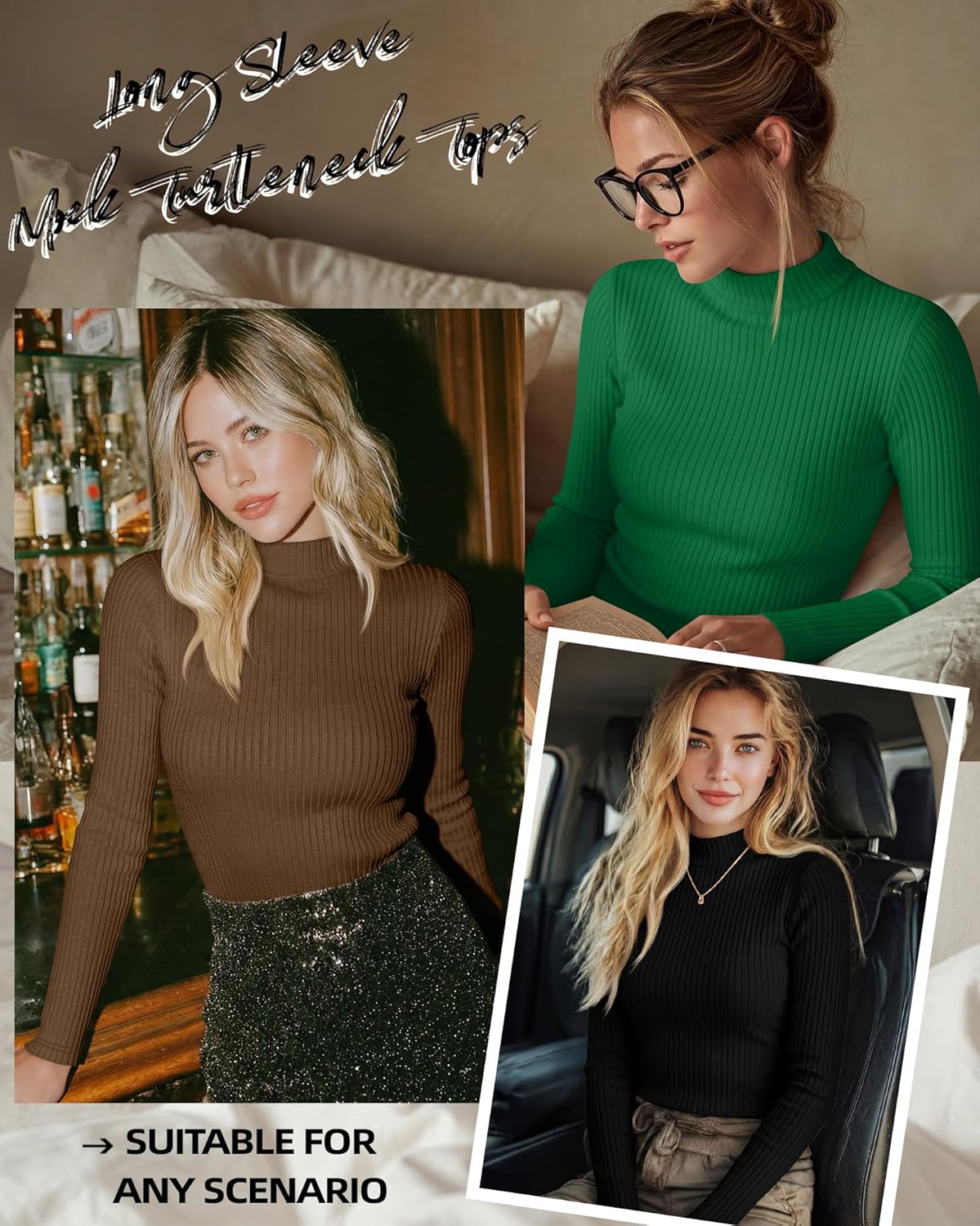 Riyiper 3 Pack Women's Ribbed Shirts, Mock Turtleneck Long Sleeve Tops Slim Fitted Undershirts Casual Basic Layering Tees - Image 4