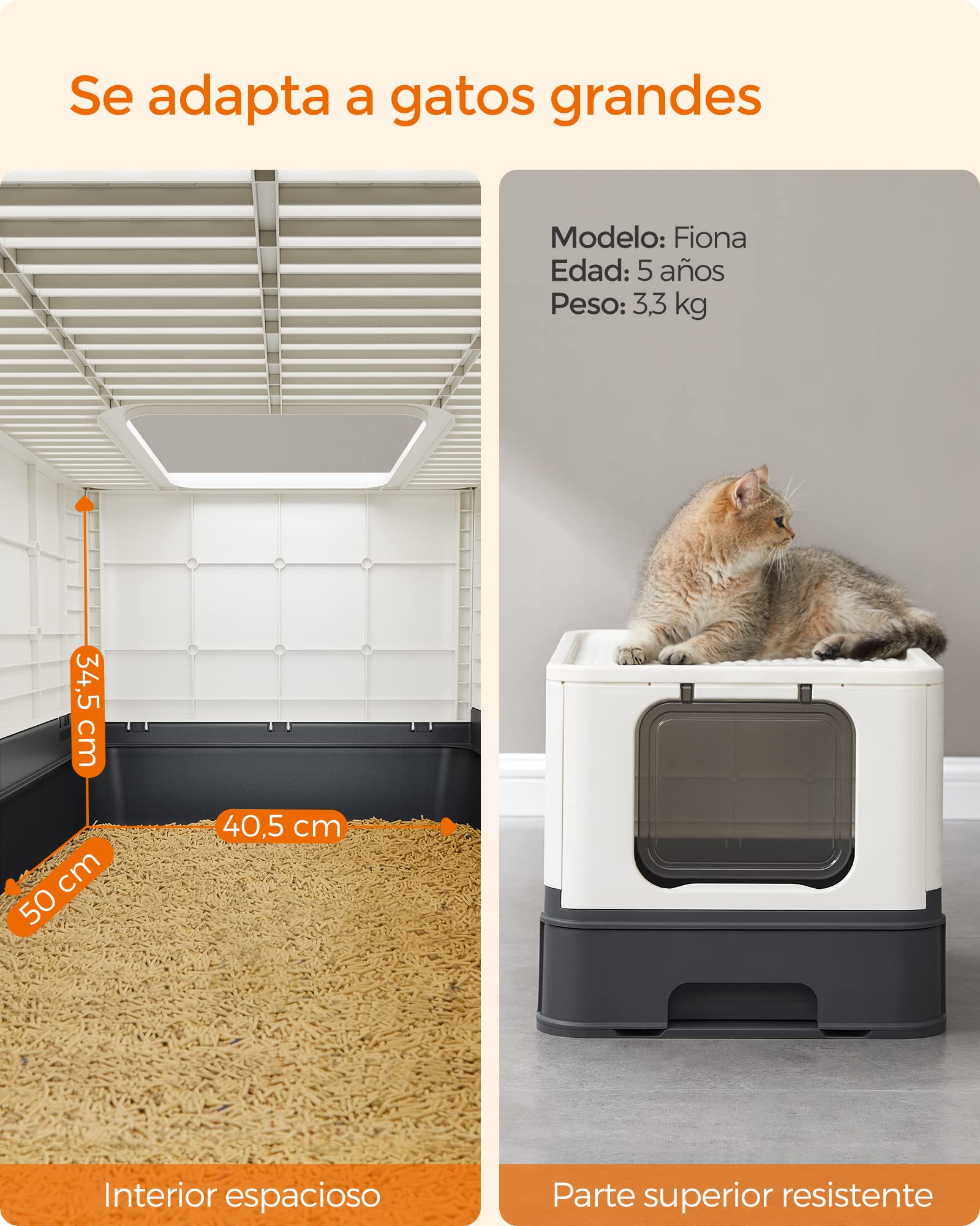 Feandrea Arenero para Gatos, Caja Arena con Bandeja Extraíble, Pala, Cepillo, Espacioso para Gatos Grandes, Carga de 15 kg, Antifiltración, Antiescapes, Beige y Negro PPT001W01