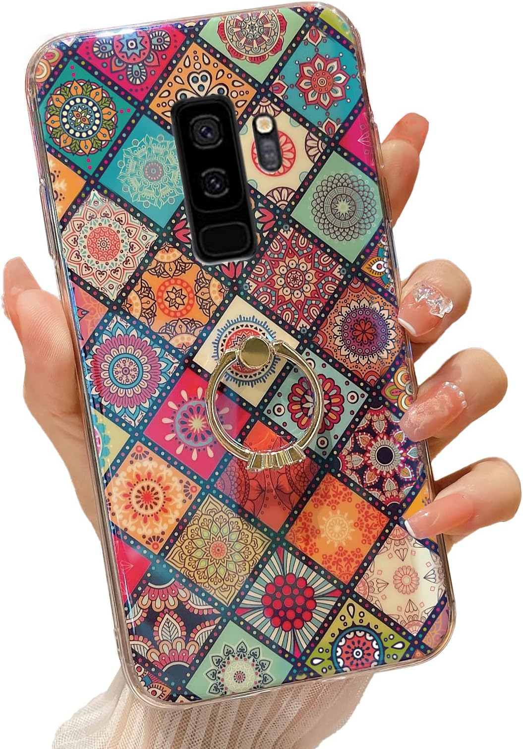 for Samsung Galaxy S9 Plus Phone Case with Ring Stand Cute Girls Women Flower Ethnic Style Shockproof Protection Cover - Mandala