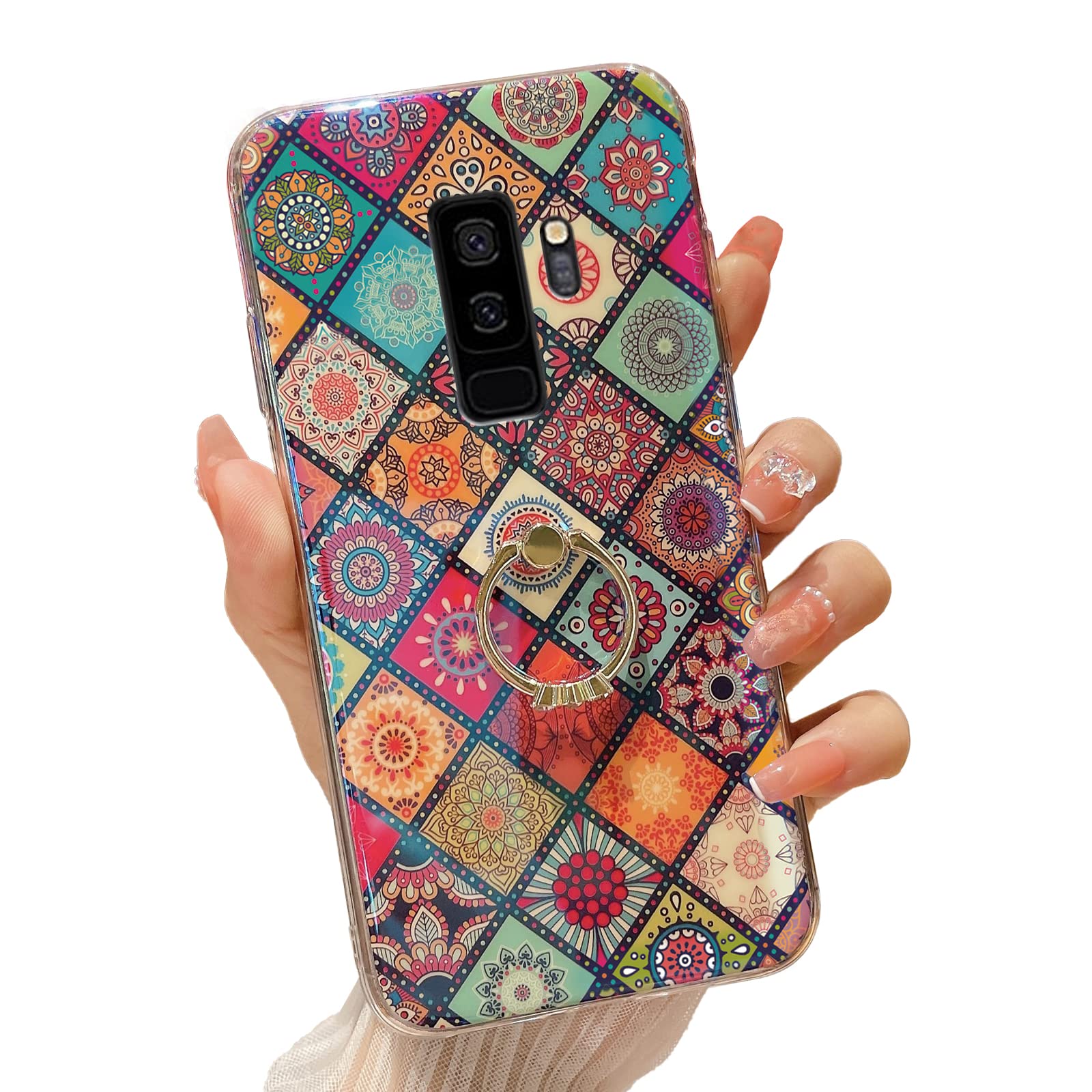 for Samsung Galaxy S9 Plus Phone Case with Ring Stand Cute Girls Women Flower Ethnic Style Shockproof Protection Cover - Mandala
