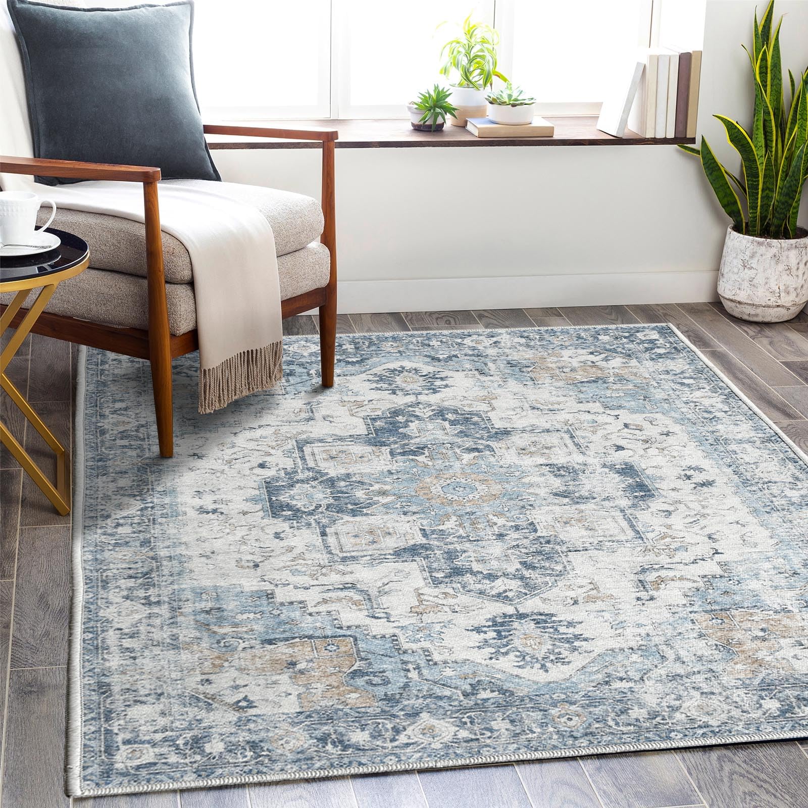 TOPICK Alfombra 180 x 270 cm azul floral plegable lavable superfina vintage alfombra de flores de pelo corto oriental alfombra de cocina para interior dormitorio salón comedor oficina pasillo