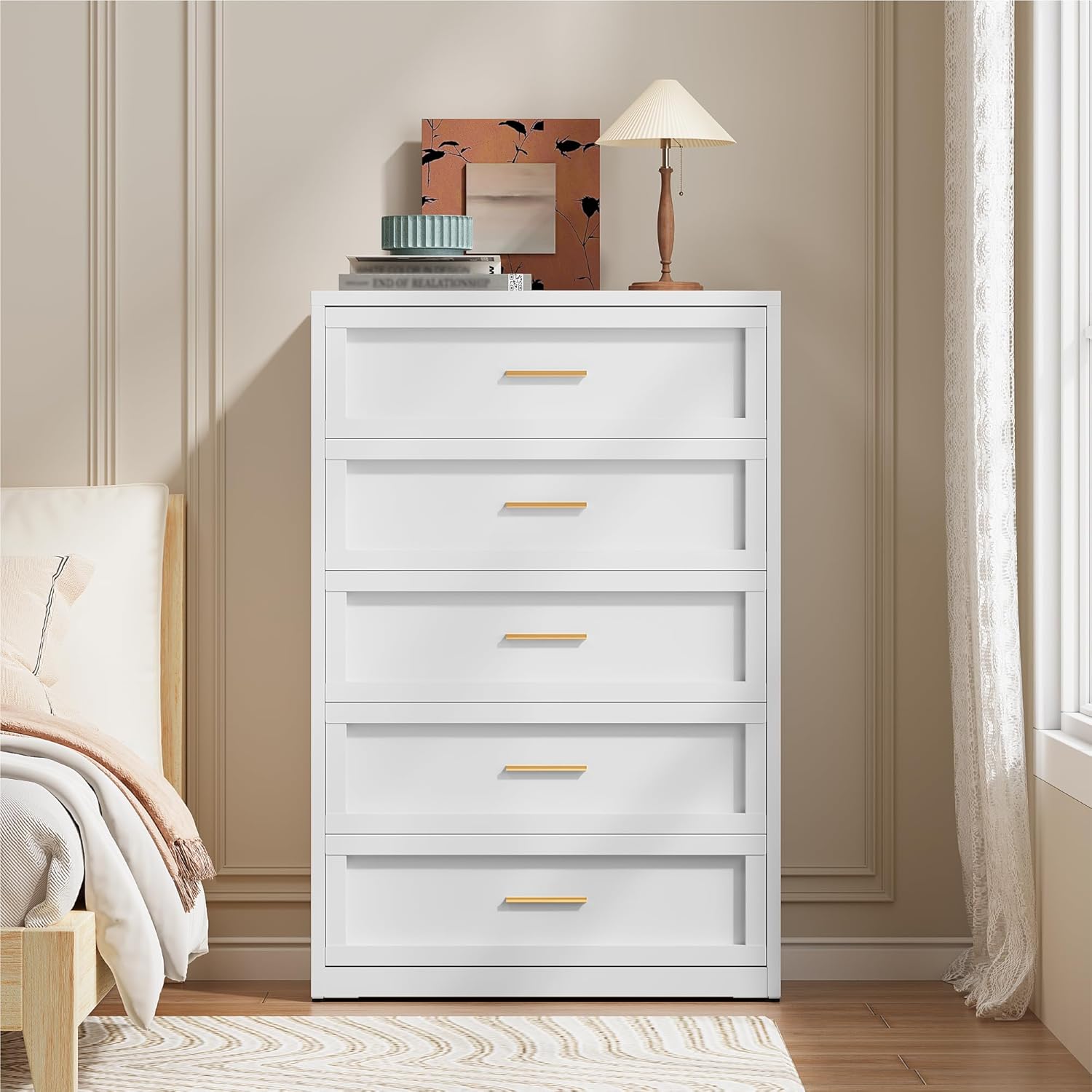 YAUWOH 5 Drawer Metal Dresser, Heavy Duty Steel Storage Dresser with Smooth Glide Drawers,Anti-Tip Safety Metal Chest of Drawers for Entryway, Bedroom, Modern Industrial Style,(1PC,White)