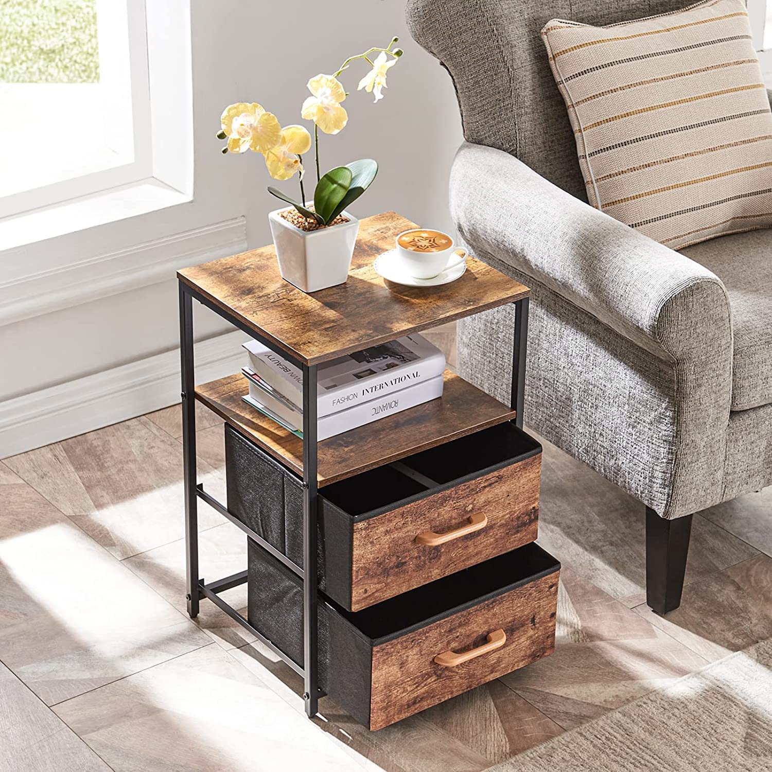 Nightstand Removable Night Stand - Bedside Table Small Dresser with 2 Fabric Bins Drawers Sturdy Metal Frame - Rustic Brown Wood Grain Print End Table for Bedroom Living Room Home