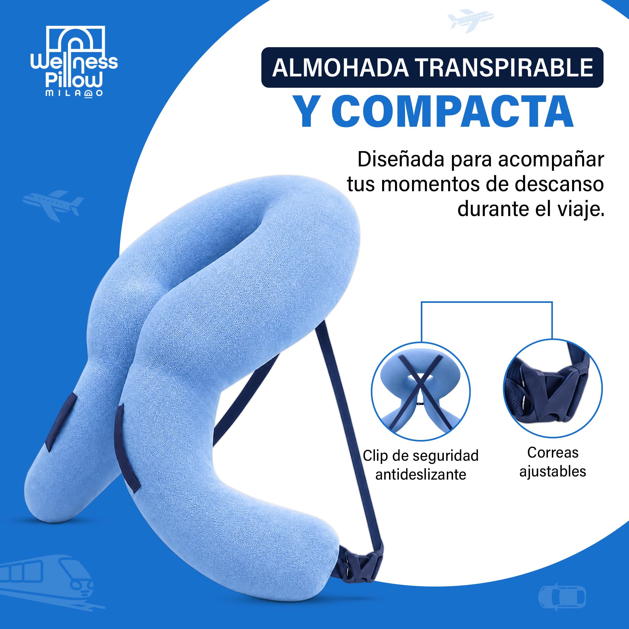 Almohada de viaje, almohada inflable con soporte cervical 3D, cojín aéreo transpirable y compacto, diseño anticaída de la cabeza, fácil de inflar y transportar