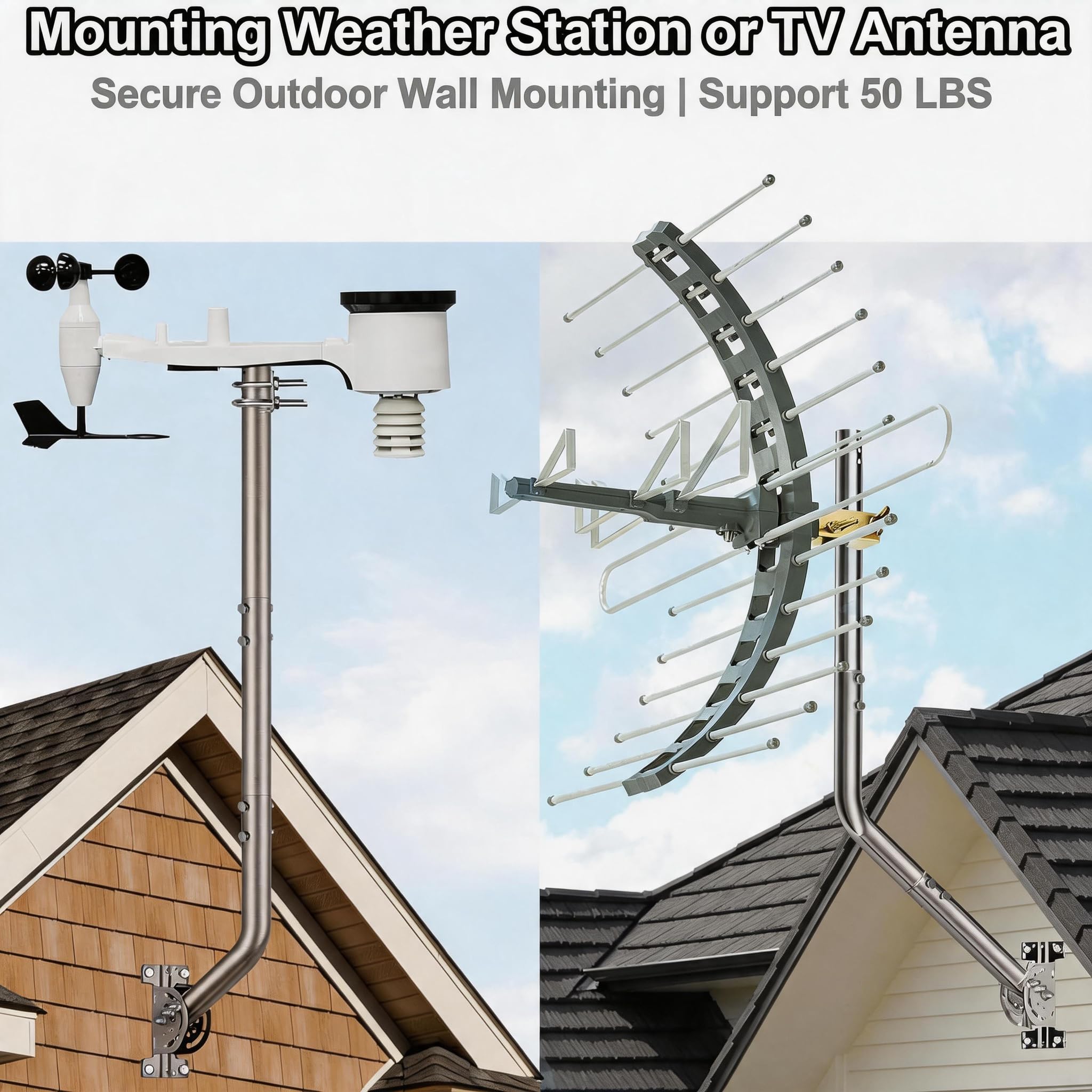 53" Regulowany uchwyt ścienny do anteny – 430 ze stali nierdzewnej J-Pole do Starlink (wymagany adapter), anten telewizyjnych, stacji pogodowych – średnica zewnętrzna 1,38" podstawa (srebrny)