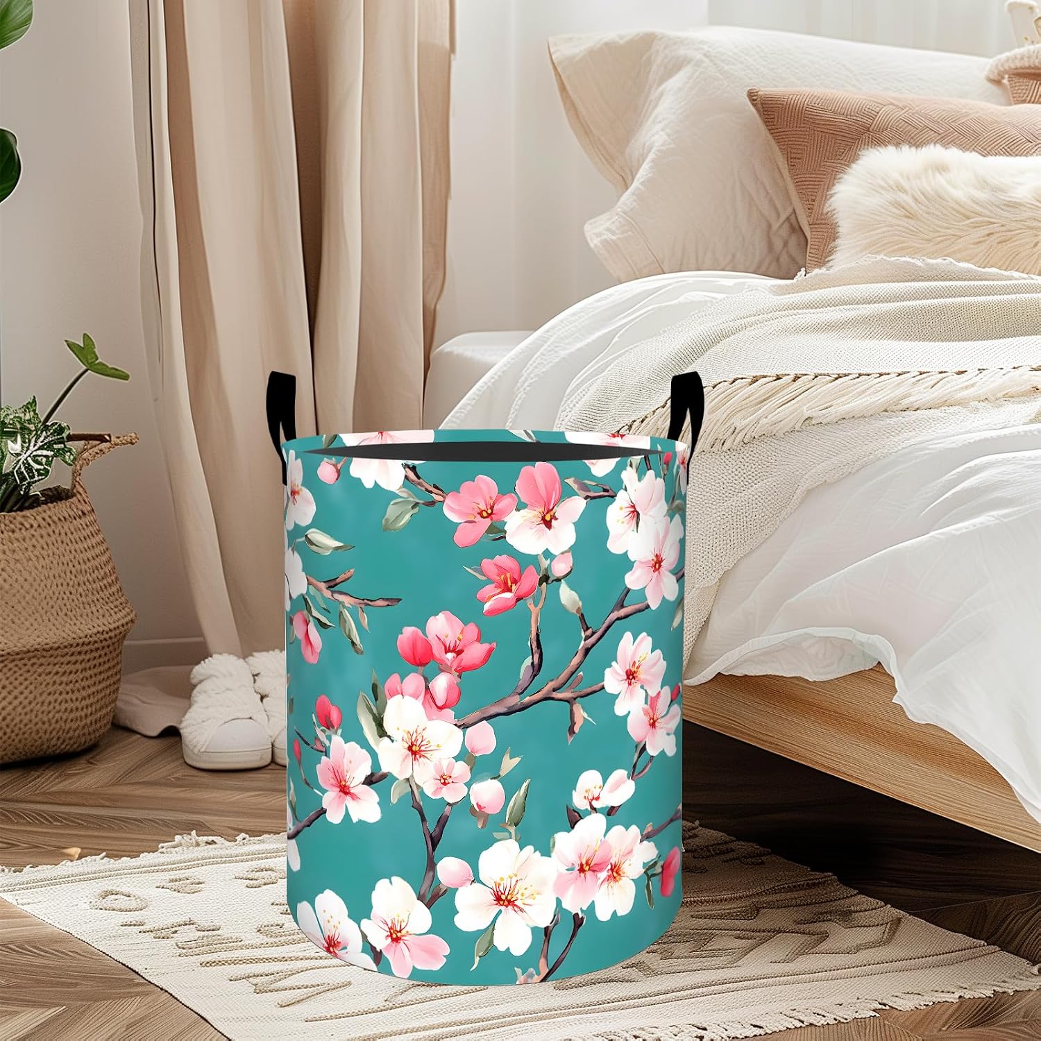 Cherry Blossom Laundry Basket, Oxford Cloth Romantic Elegant Dirty Clothes Collapsible Hamper for Room Decor, Floral Botanical Print Gifts Toy Organizer 19.7*15.8 Inch for Bedroom Bathroom Dorm