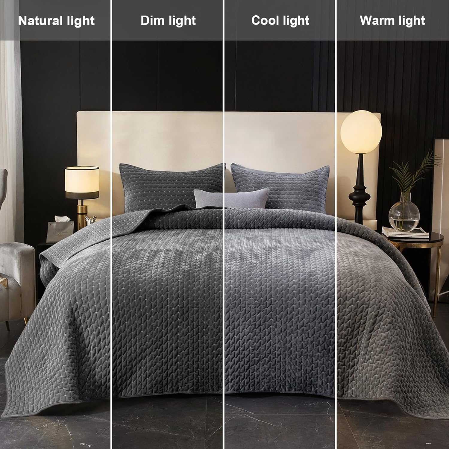 Powdion Velvet Quilt Queen Size, Oversized Bedspread Quilted Bedding Set, Luxurious Coverlet Set Lightweight Velvet Comforter for All Season with Pillow Shams Charcoal Gray, Striped Queen 90x96 - Image 5