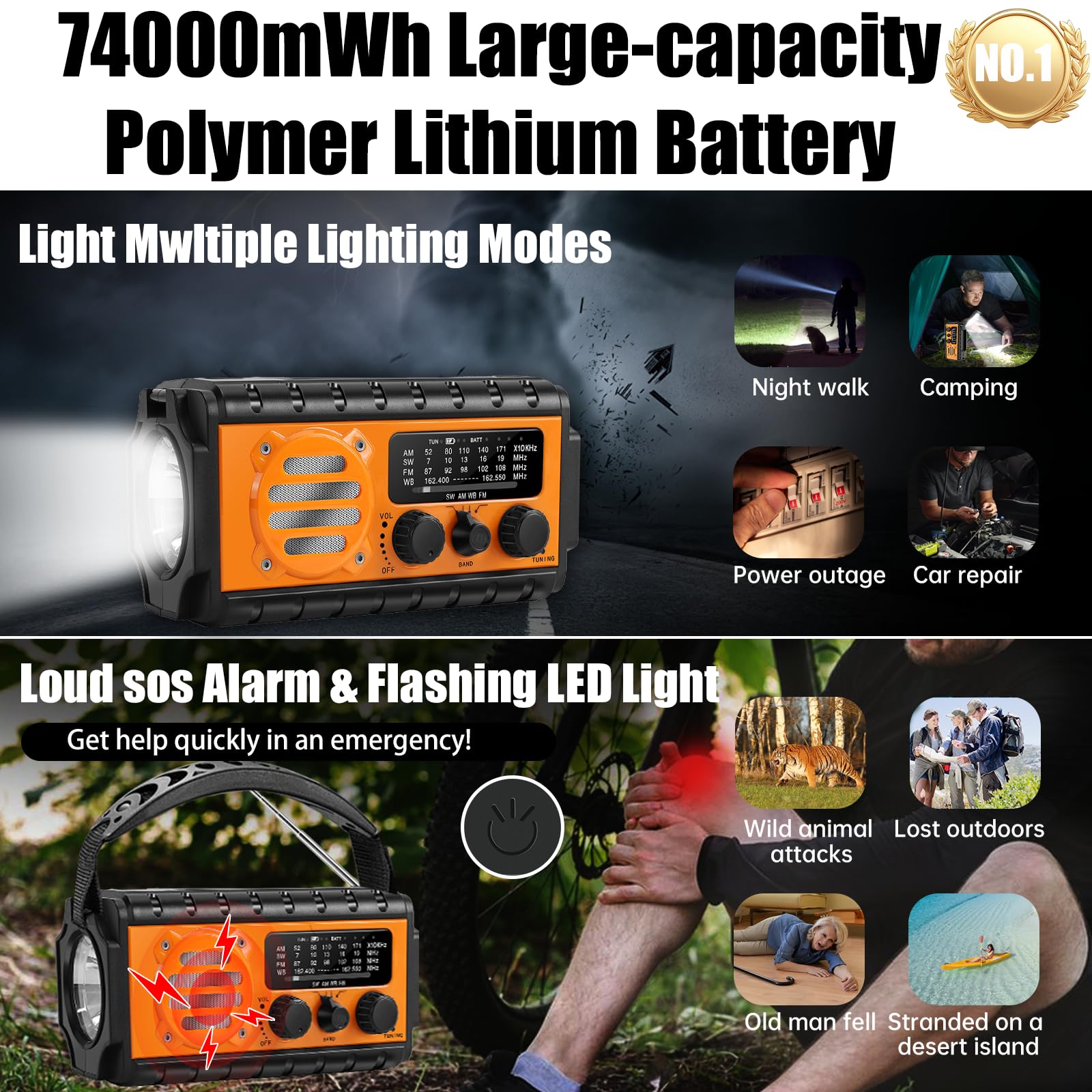 QAUYYW Radio solaire d'urgence à manivelle 20 000 mAh AM FM NOAA