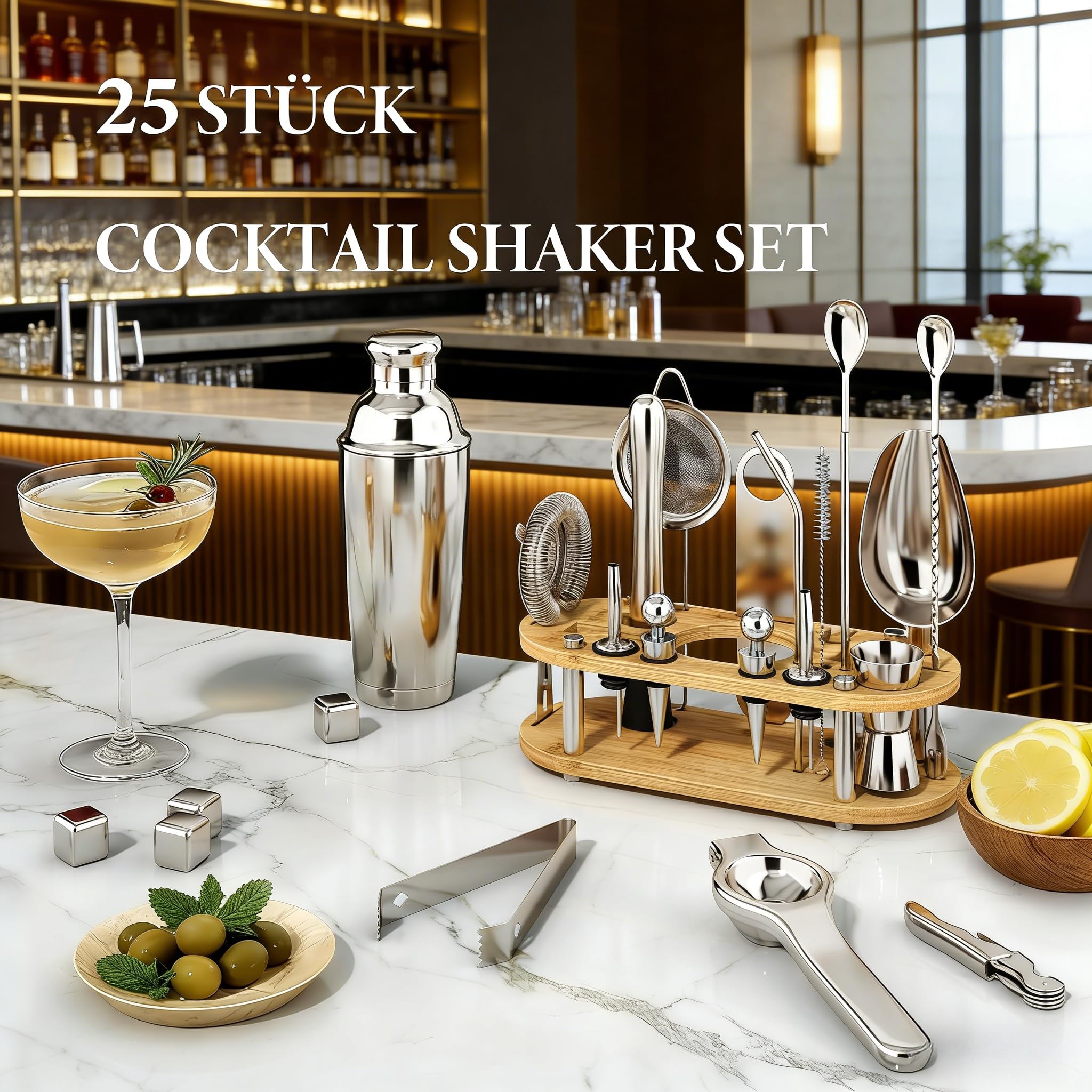 25 Stück Cocktail Shaker Set Avec Support en Bambou et Recettes | 304 Edelstahl, 700ml Boston Shaker, Komplett Bartender Kit, Professionell Bar Zubehör für Cocktails Getränke Mxen, Schenken