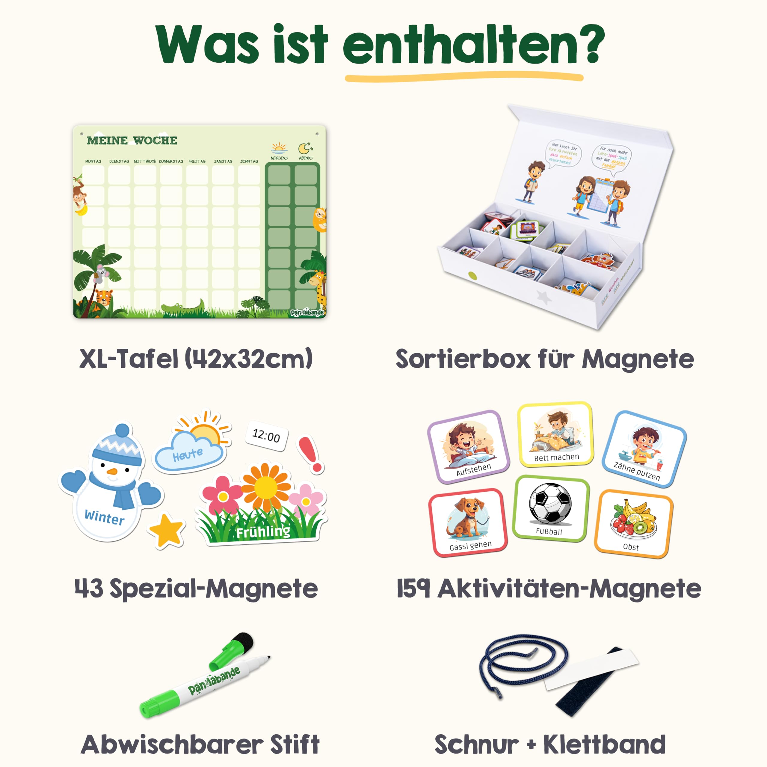 PANDABANDE 2-in-1 Routine & Wochenplaner Kinder mit 200 Magneten & Sortierbox | Montessori Routine Planer Kinder für mehr Selbstständigkeit - Magnetischer Wochenplan mit Morgenroutine & Abendroutine