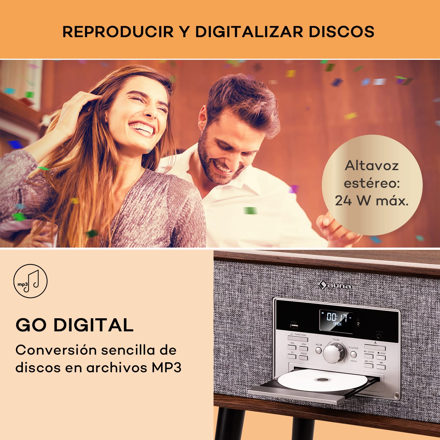 Auna Tocadiscos de Vinilo Vintage con Bluetooth, CD, USB, Altavoces Estéreo, Dab+/FM Radio y Sonido Potente