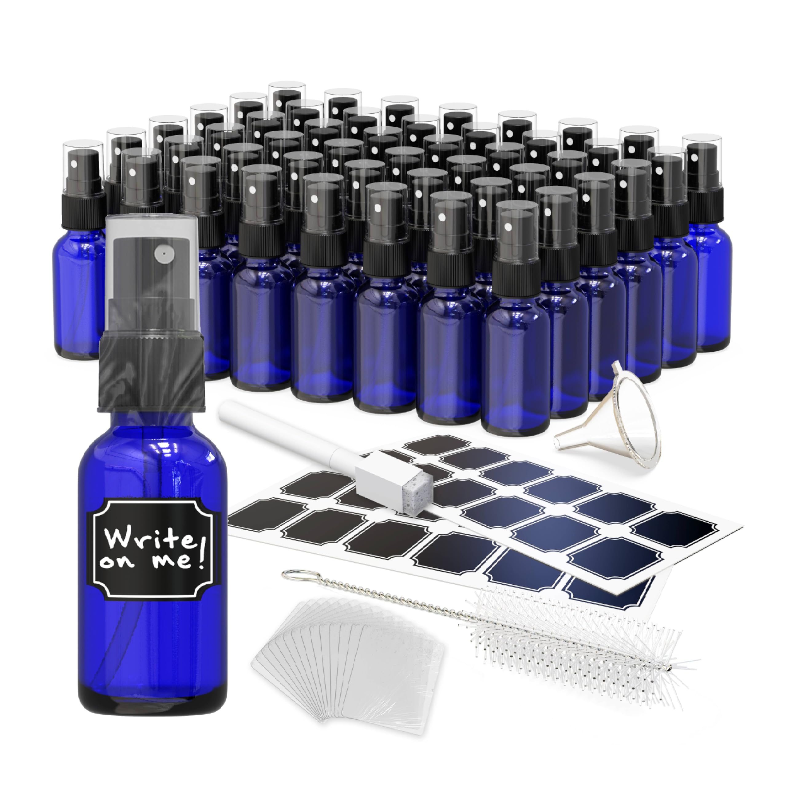 Nevlers Cobalt Blue Glass 1 Oz Small Spray Bottle 48 Pack | Misting Bottle Set w/Shrink Wrap, Funnel, Brush, Marker & Labels | Empty Spray Bottles For Essential Oils, Fragrance, Hand Sanitizer & More