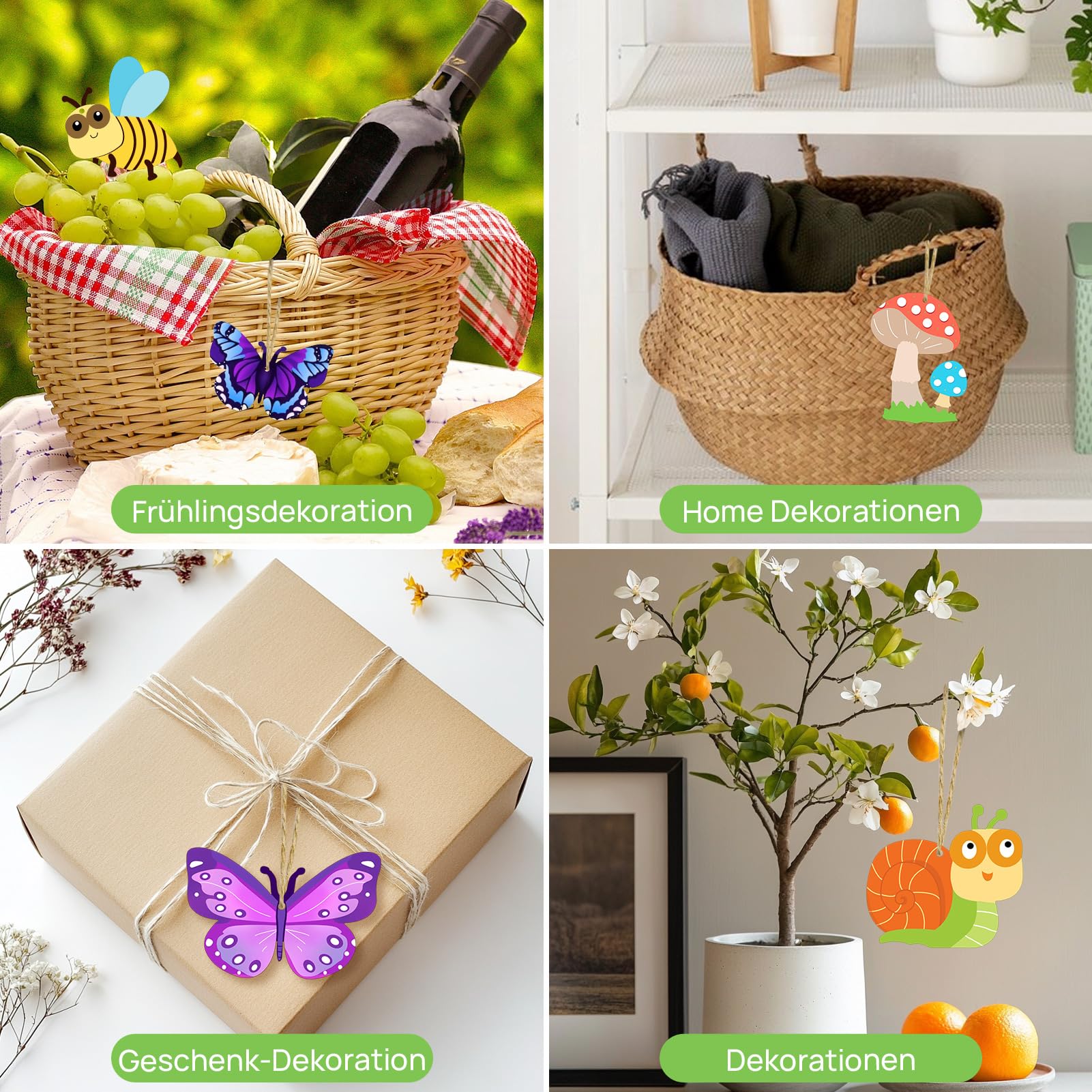 Yohuork 40-teiliges Bastelset Aus Holz – Insekten, Blumen, Tiere, Mit Juteschnur, Zum Bemalen & Aufhängen