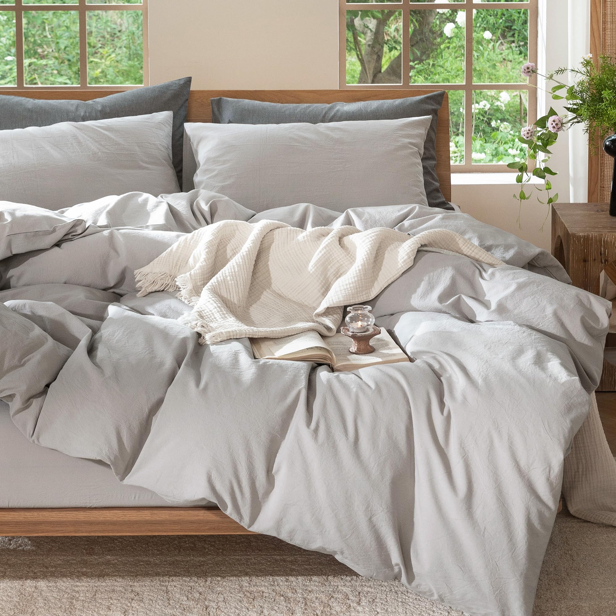 MooMee Bedding Duvet Cover Set 100% Washed Cotton Linen Like Textured Breathable Durable Soft Comfy (Tannish Linen Grey, King) — view 223