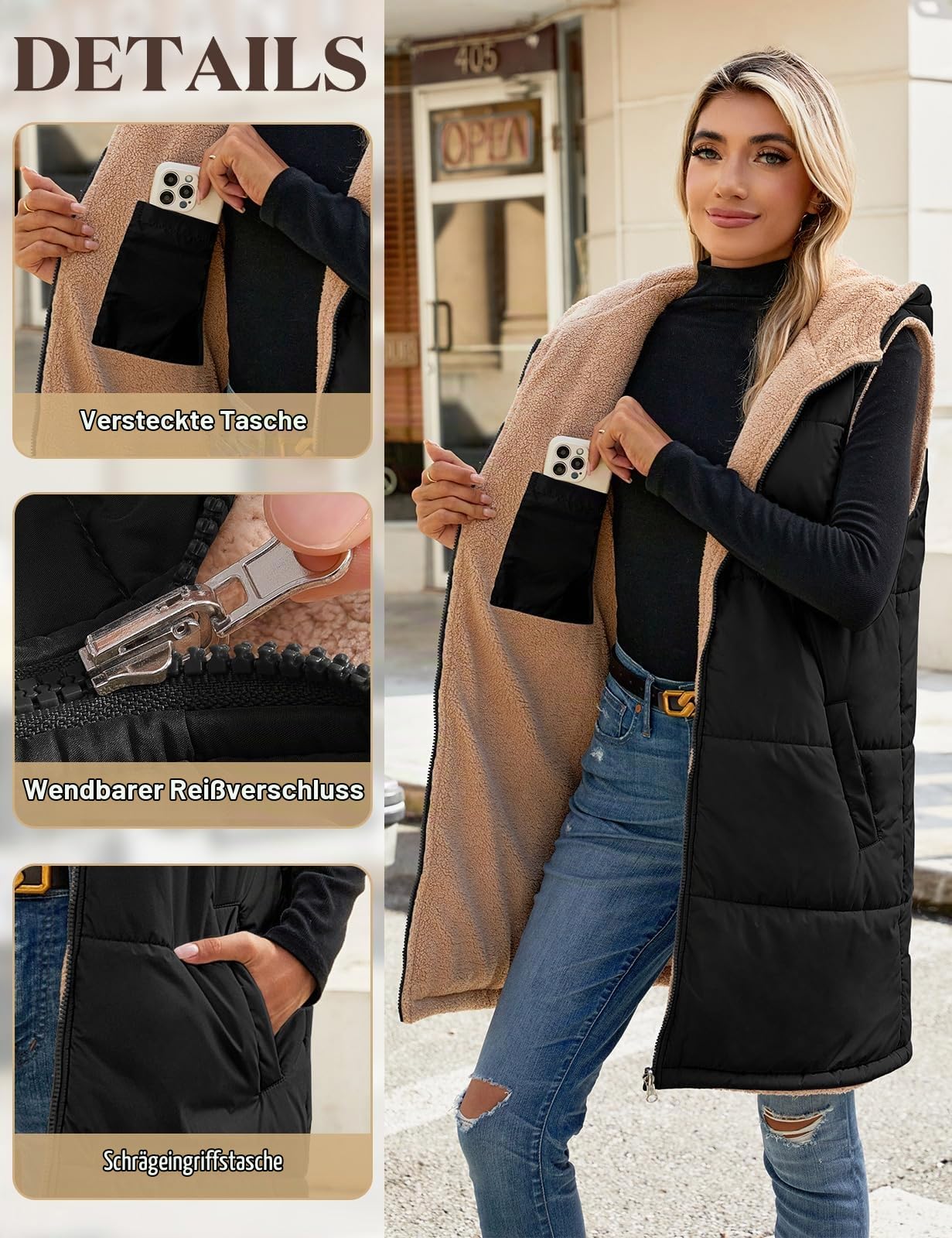 Tuopuda Damen Weste Lang mit Kapuze, Steppweste Gefüttert Fleeceweste Warme Winterjacke Freizeit Ärmellos Jacke Thermo Stehkragen Vest Kapuzenweste Reißverschlüsse Herbst Winter