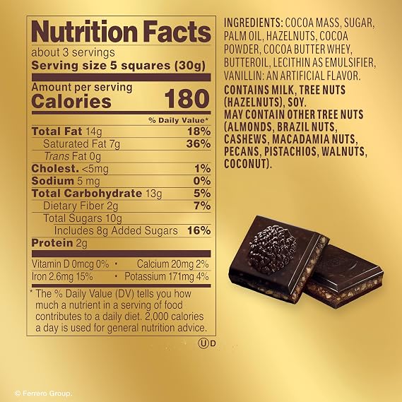 Ferrero Rocher 70% Dark Chocolate Candy Bars, Cocoa Hazelnut Filling, 8 Ct