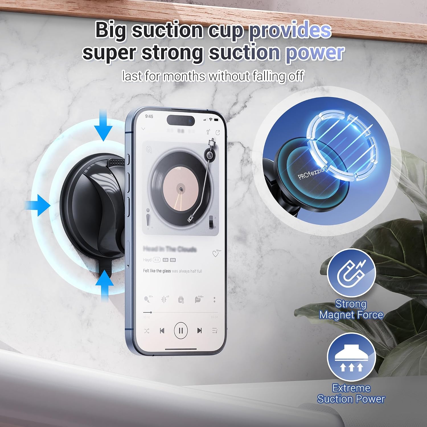 PROfezzion Magnetic Shower Mirror Phone Holder Reusable Suction Cup Phone Mount Compatible with iPhone 17 16 15 14 13 12 & All Phones, Rotating Stand for Glass Window Bathroom Kitchen, White